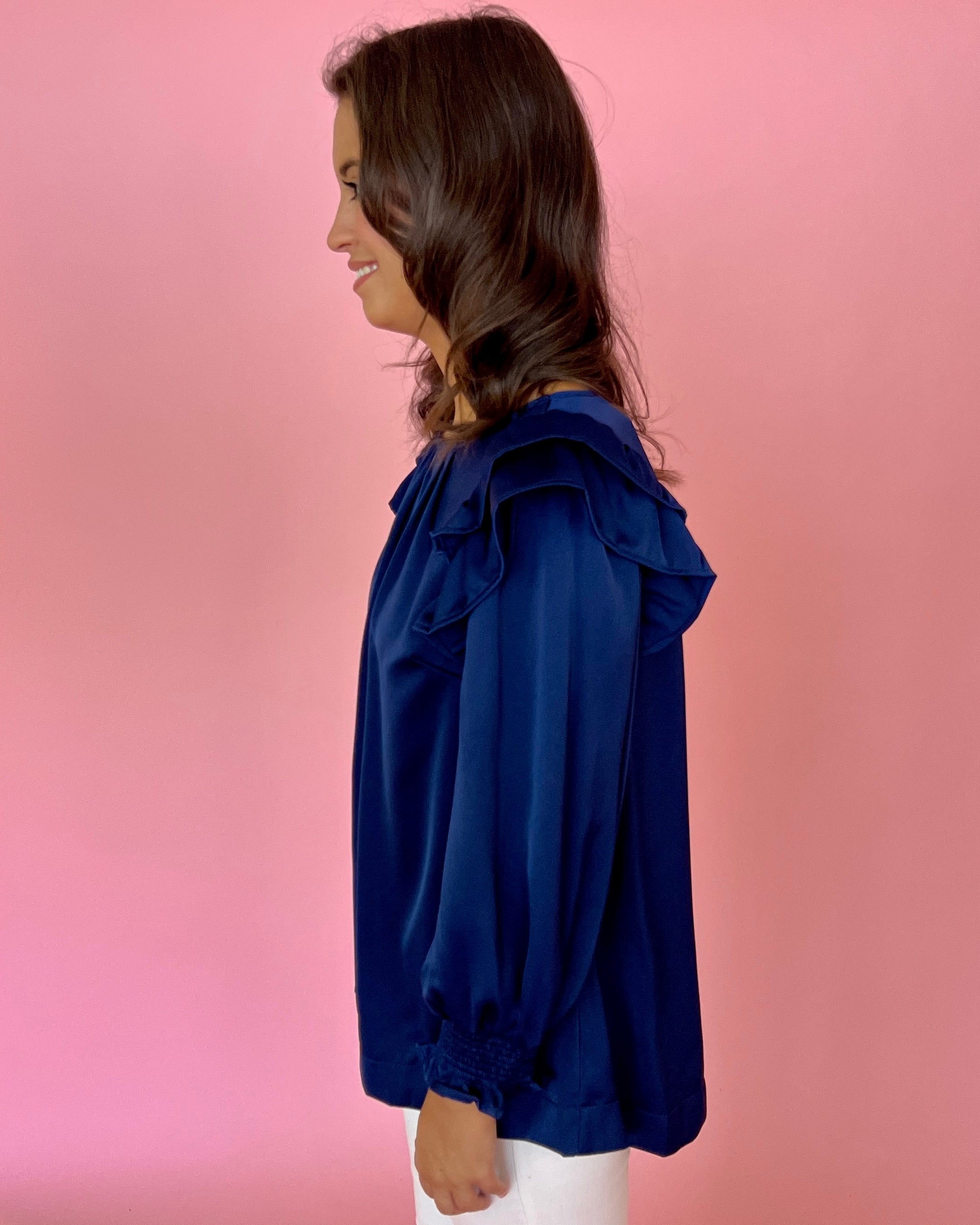 Something More Navy Satin Ruffle Shoulder Top-Shop-Womens-Boutique-Clothing