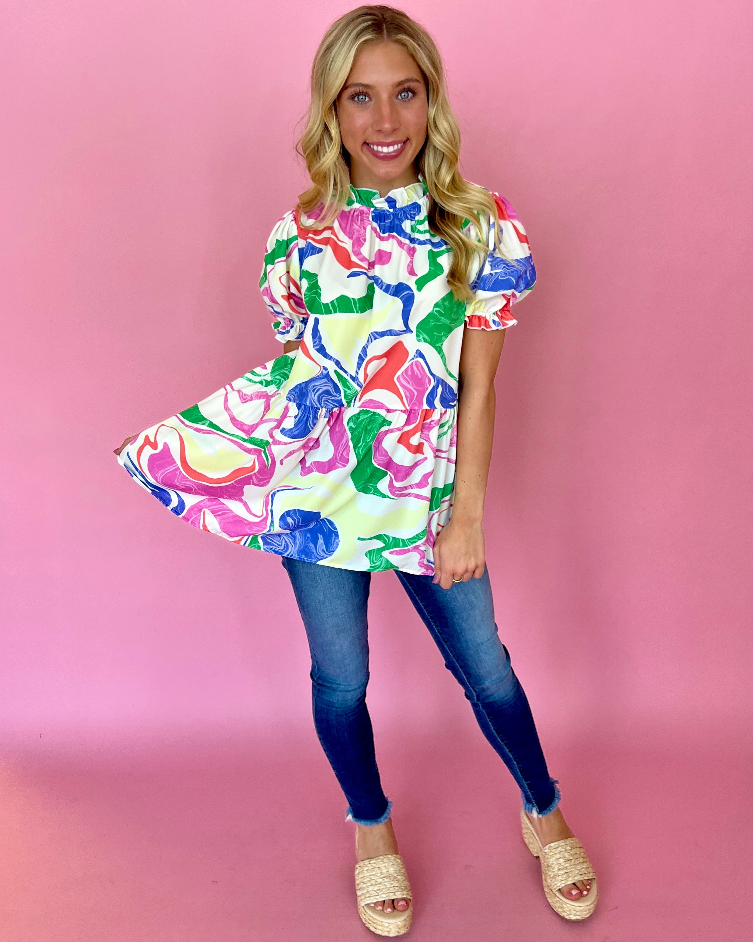 Think Fast Abstract Print Ruffle Mock Neck Top-Shop-Womens-Boutique-Clothing