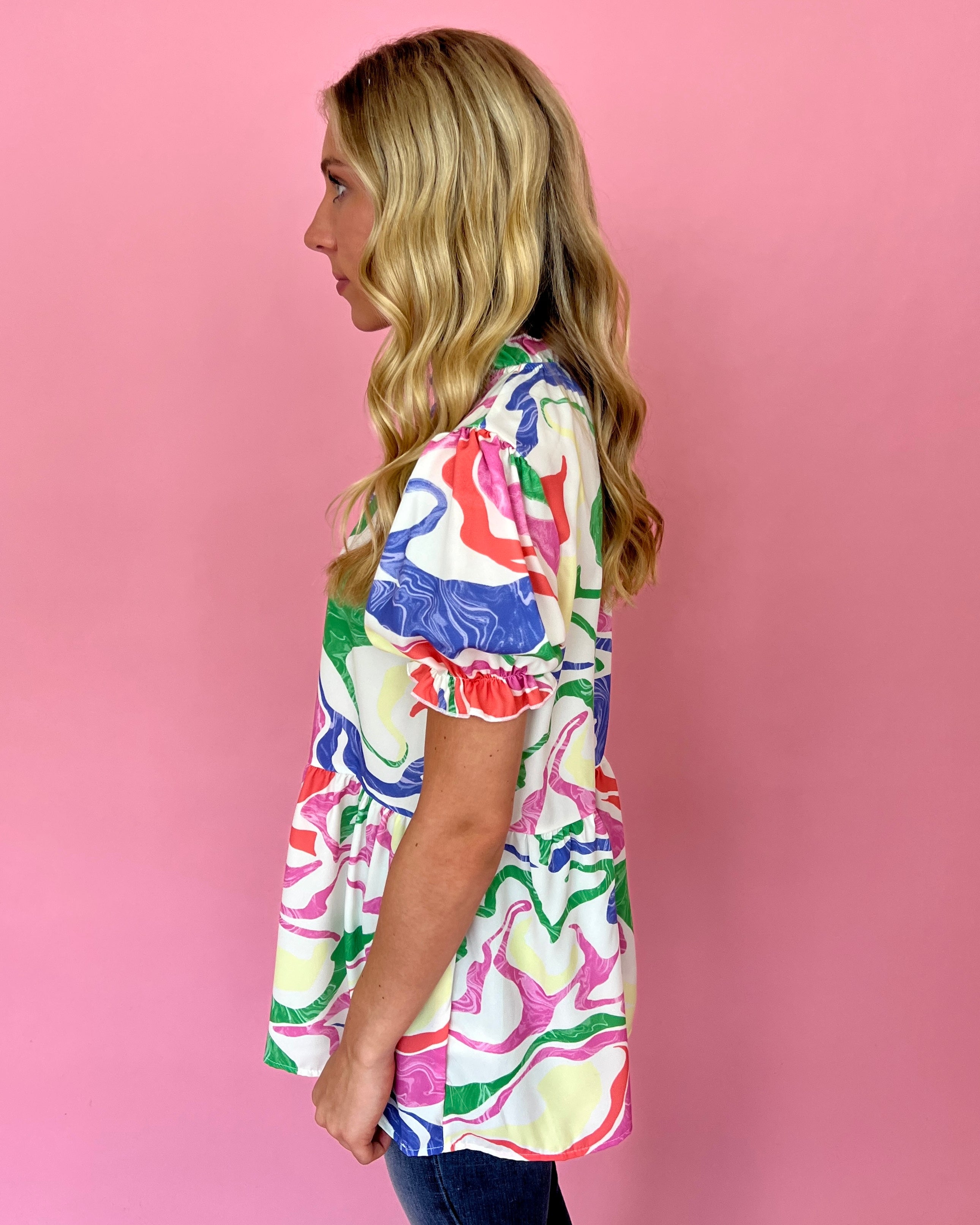 Think Fast Abstract Print Ruffle Mock Neck Top-Shop-Womens-Boutique-Clothing