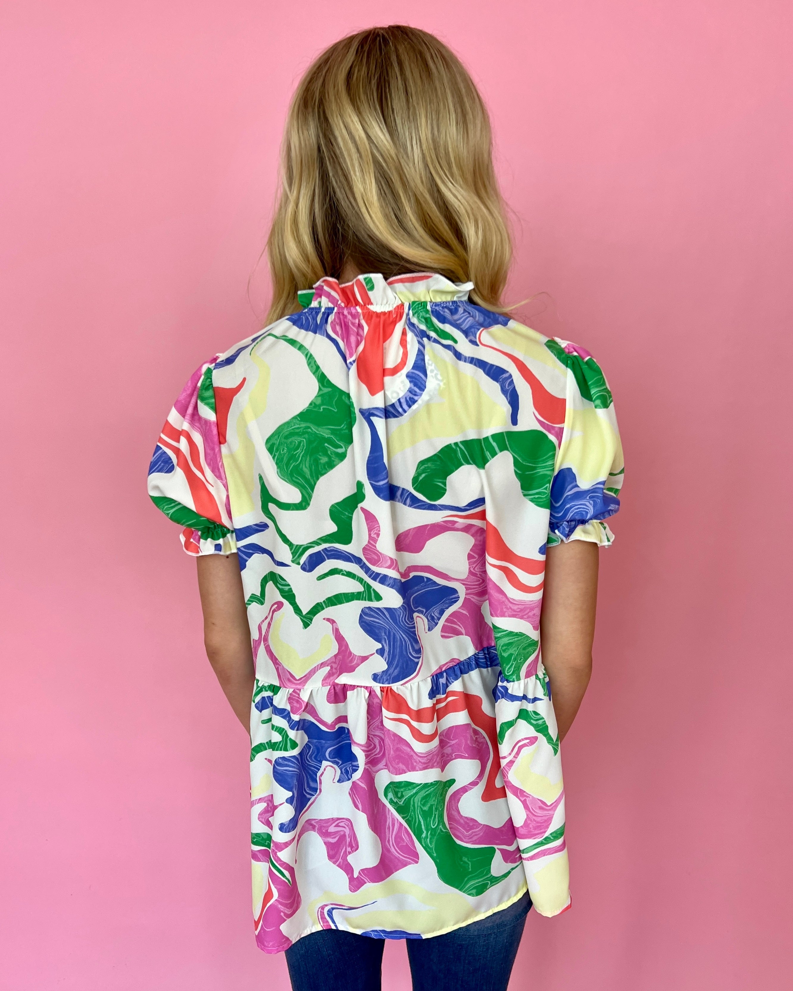 Think Fast Abstract Print Ruffle Mock Neck Top-Shop-Womens-Boutique-Clothing