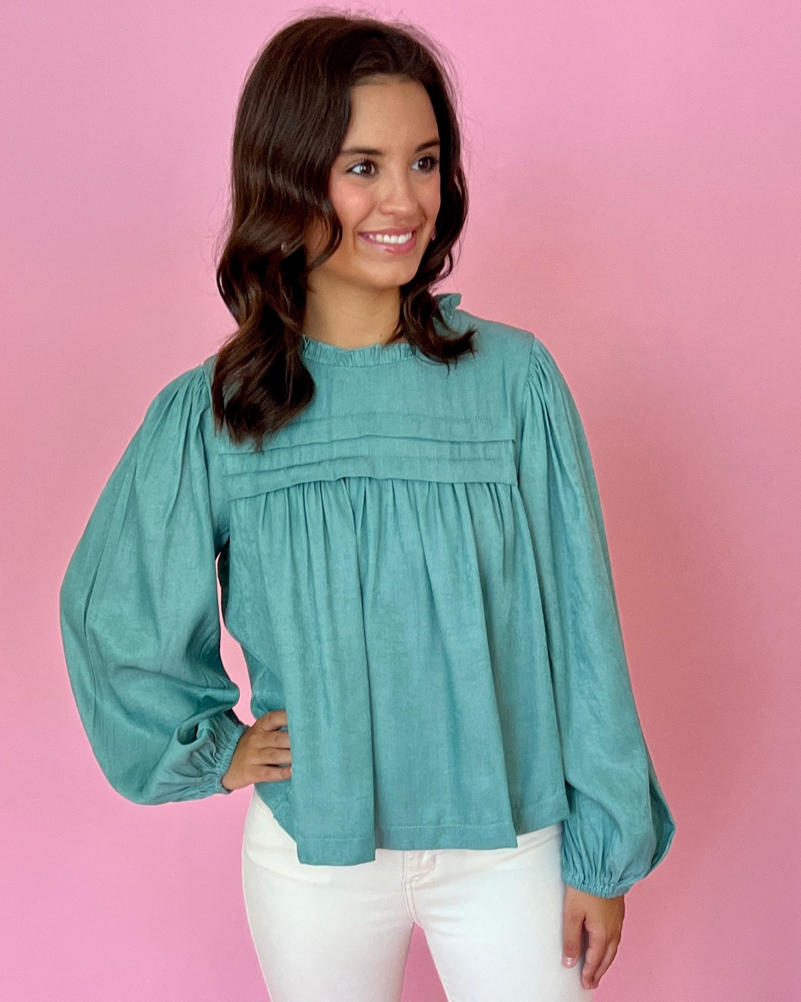 Totally Convinced Sage Green Pintuck Top-Shop-Womens-Boutique-Clothing