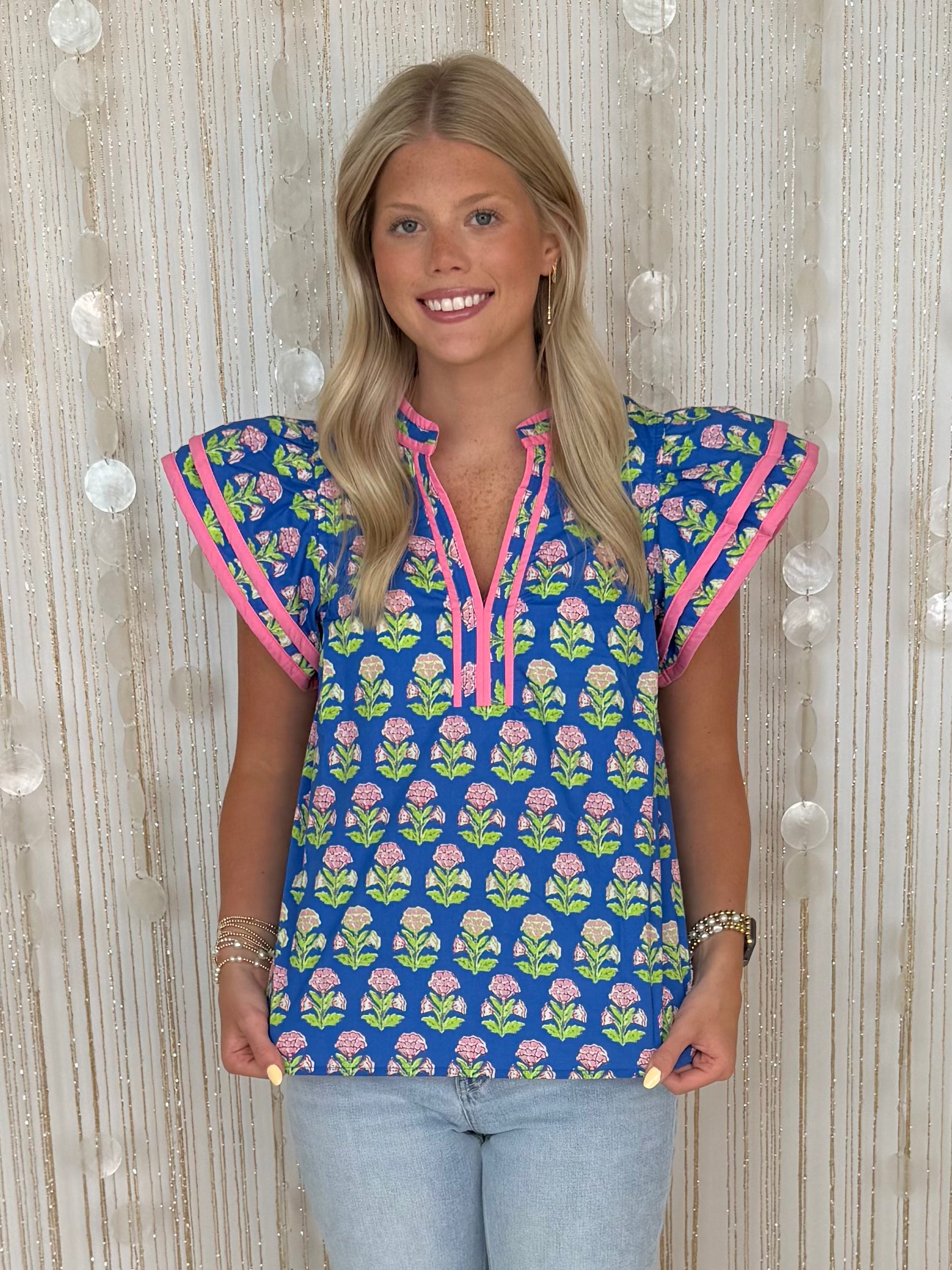 Spritz Chic Blue Floral Flutter Sleeve Top-Shop-Womens-Boutique-Clothing