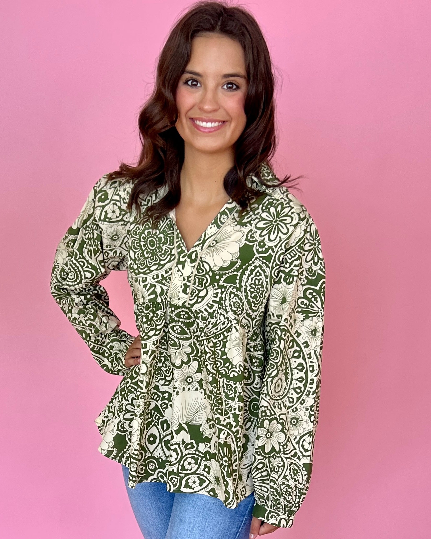 Dazzling Haze Olive Floral Split Neck Collared Top-Shop-Womens-Boutique-Clothing