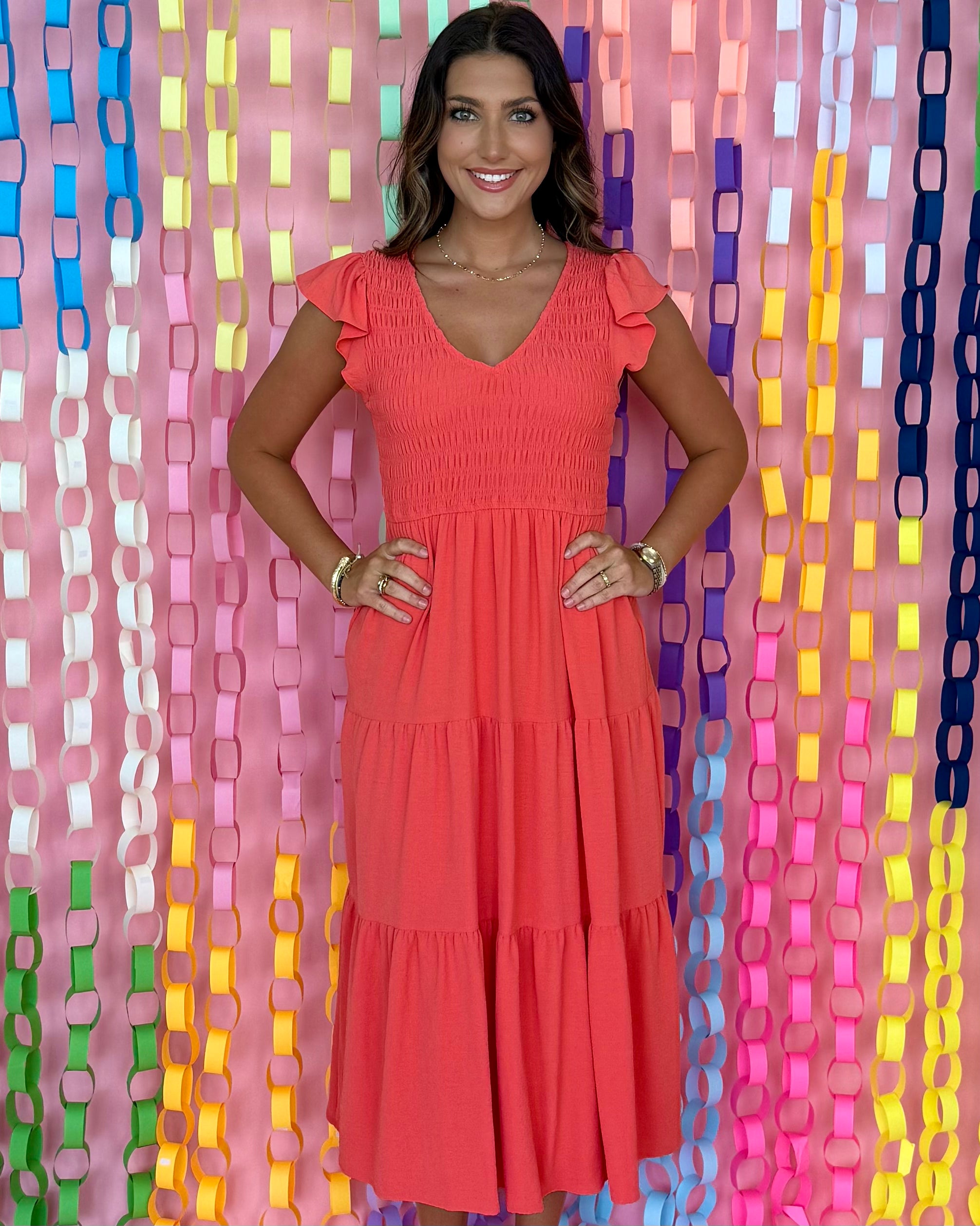 Next Chapter Coral Flutter Sleeve Midi Dress-Shop-Womens-Boutique-Clothing