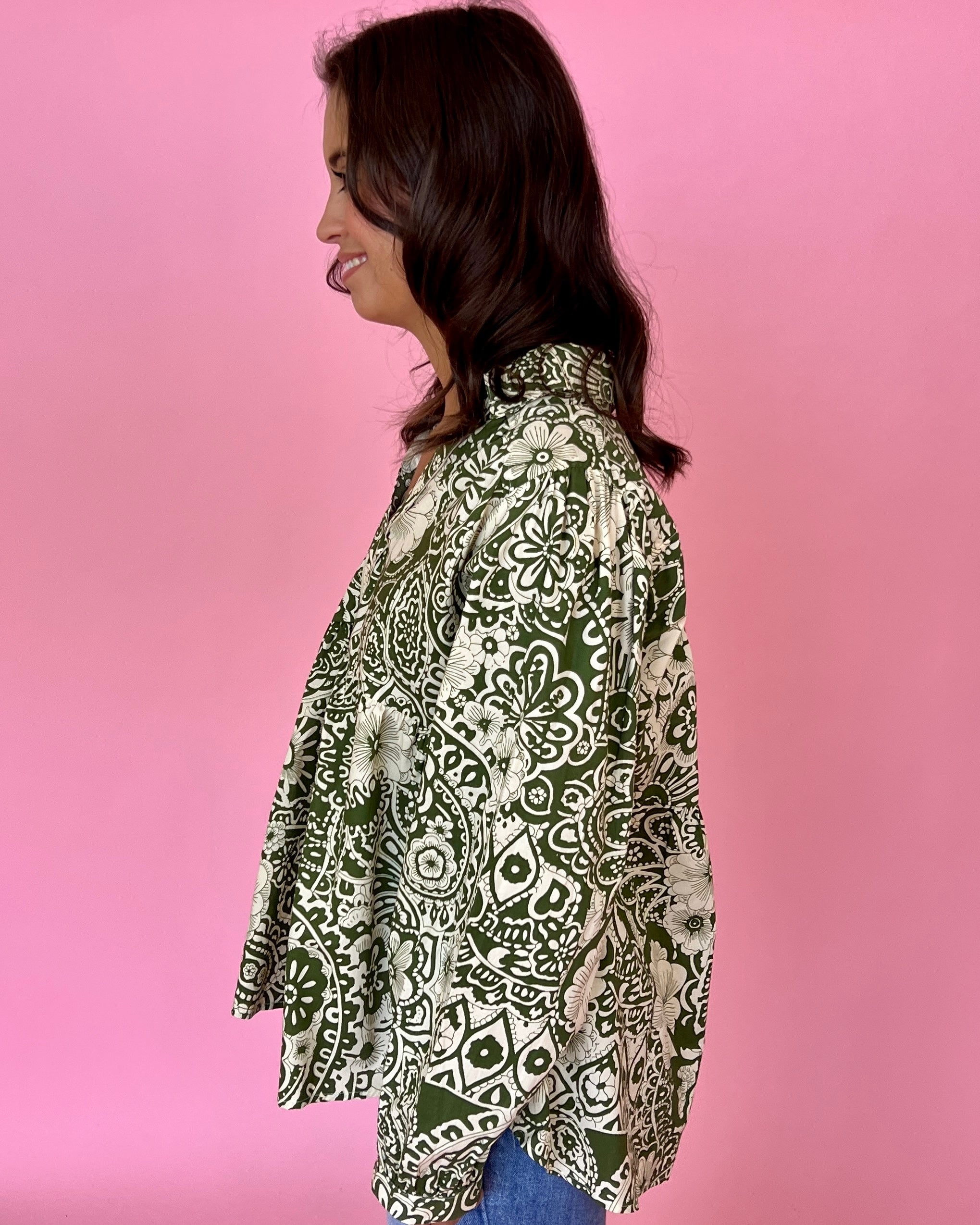Dazzling Haze Olive Floral Split Neck Collared Top-Shop-Womens-Boutique-Clothing