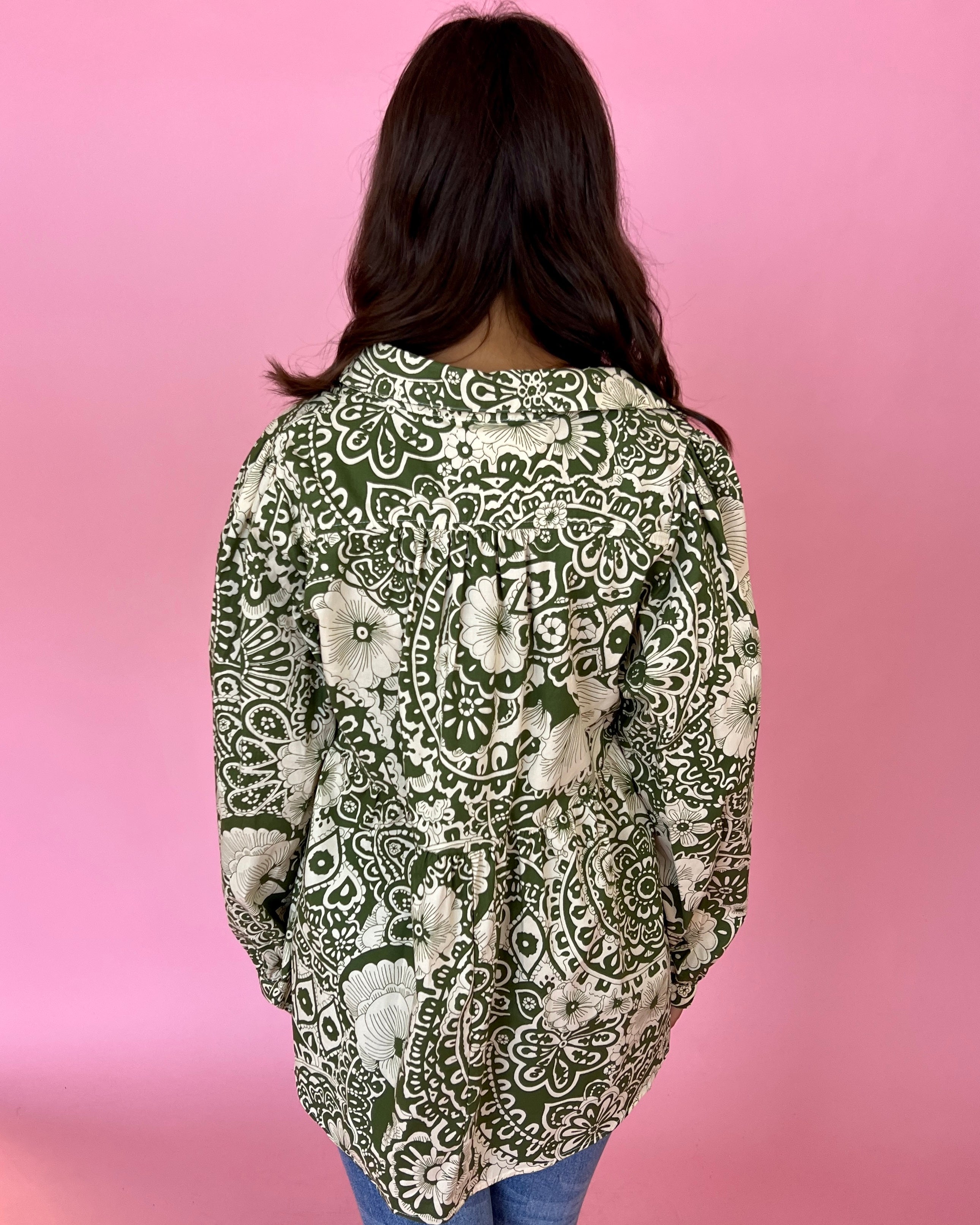 Dazzling Haze Olive Floral Split Neck Collared Top-Shop-Womens-Boutique-Clothing