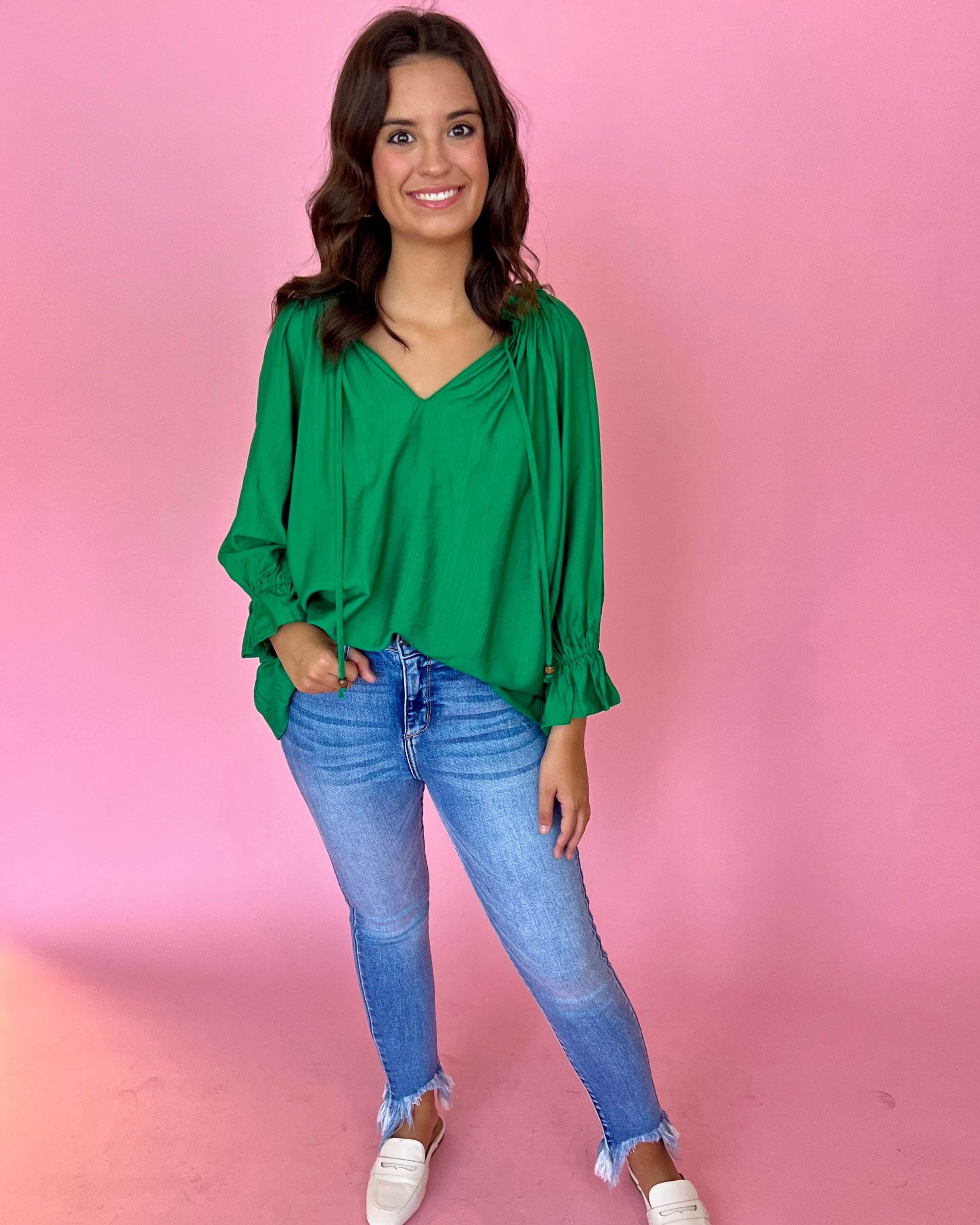 Proper Style Kelly Green Satin Split Neck Top-Shop-Womens-Boutique-Clothing