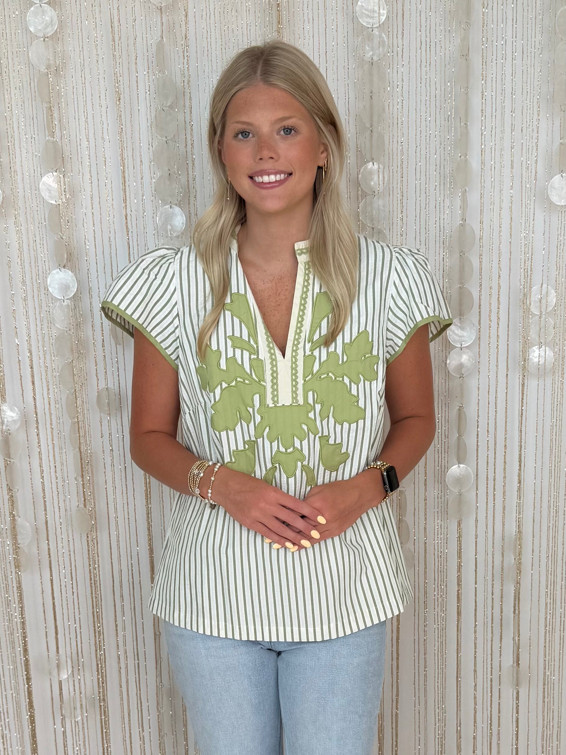 Deco Bloom Avocado Abstract Applique Top-Shop-Womens-Boutique-Clothing