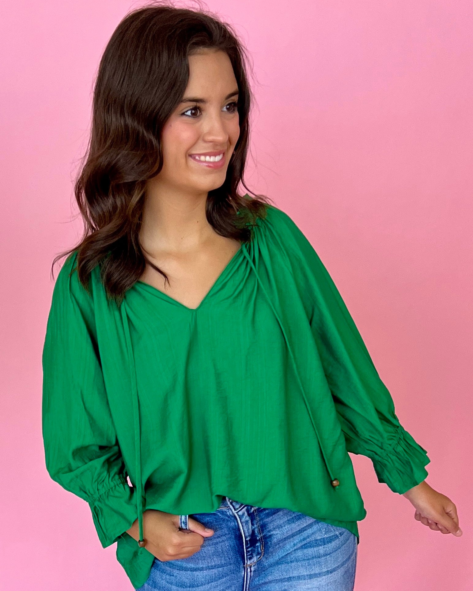 Proper Style Kelly Green Satin Split Neck Top-Shop-Womens-Boutique-Clothing