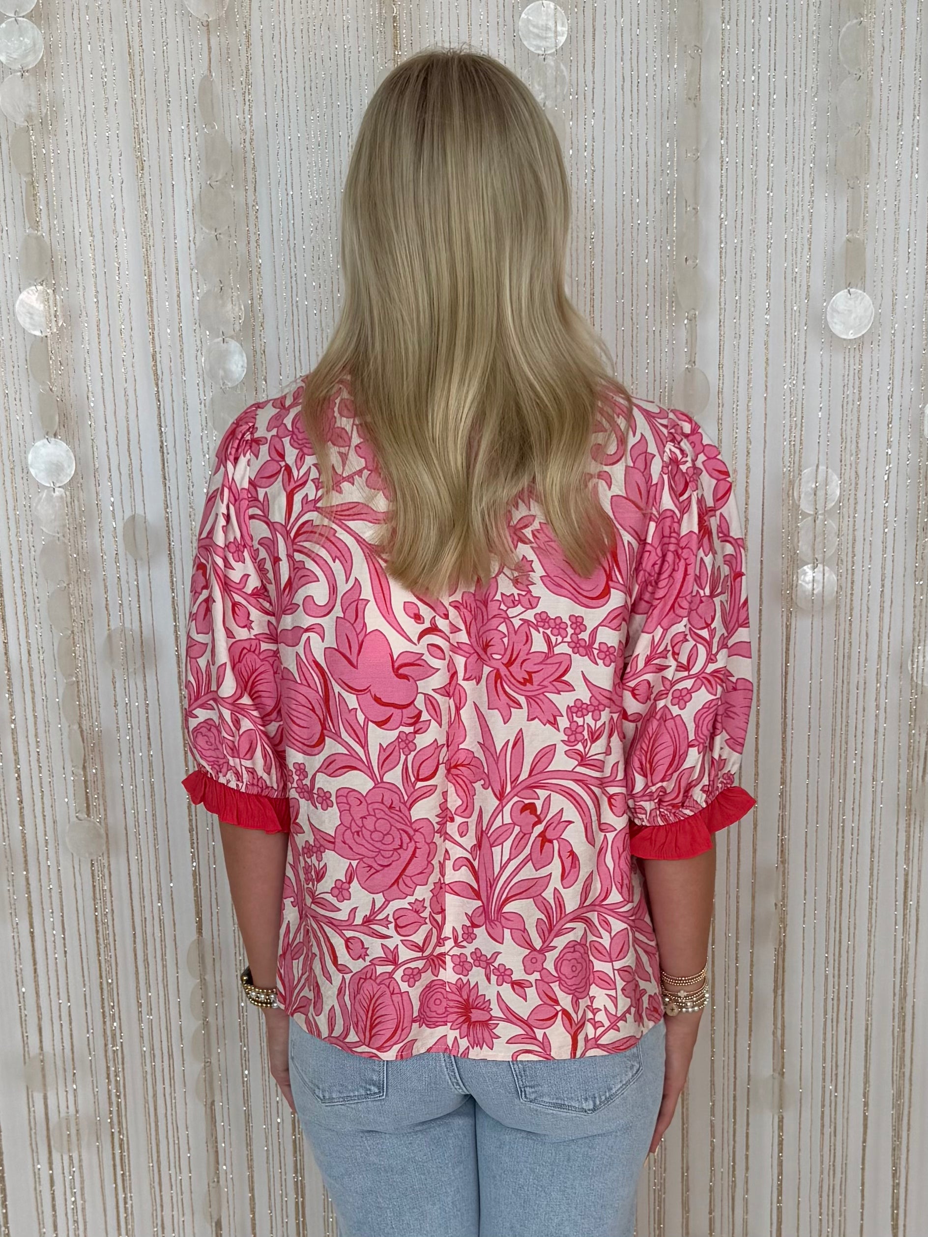 Flowers Blossom Pink Contrast Ruffle Floral Top-Shop-Womens-Boutique-Clothing