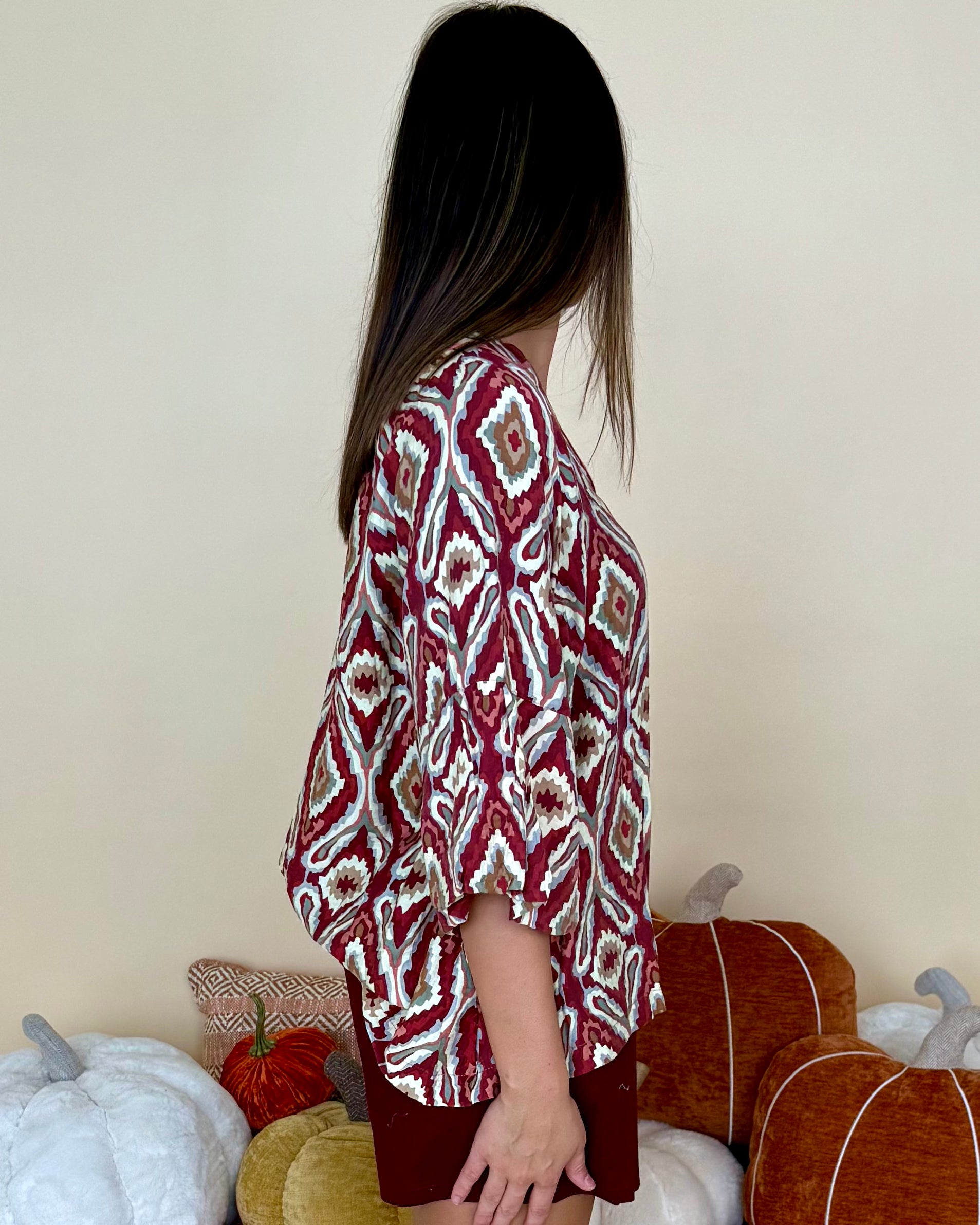 Live Simply Wine Geo Print Ruffle Top-Shop-Womens-Boutique-Clothing