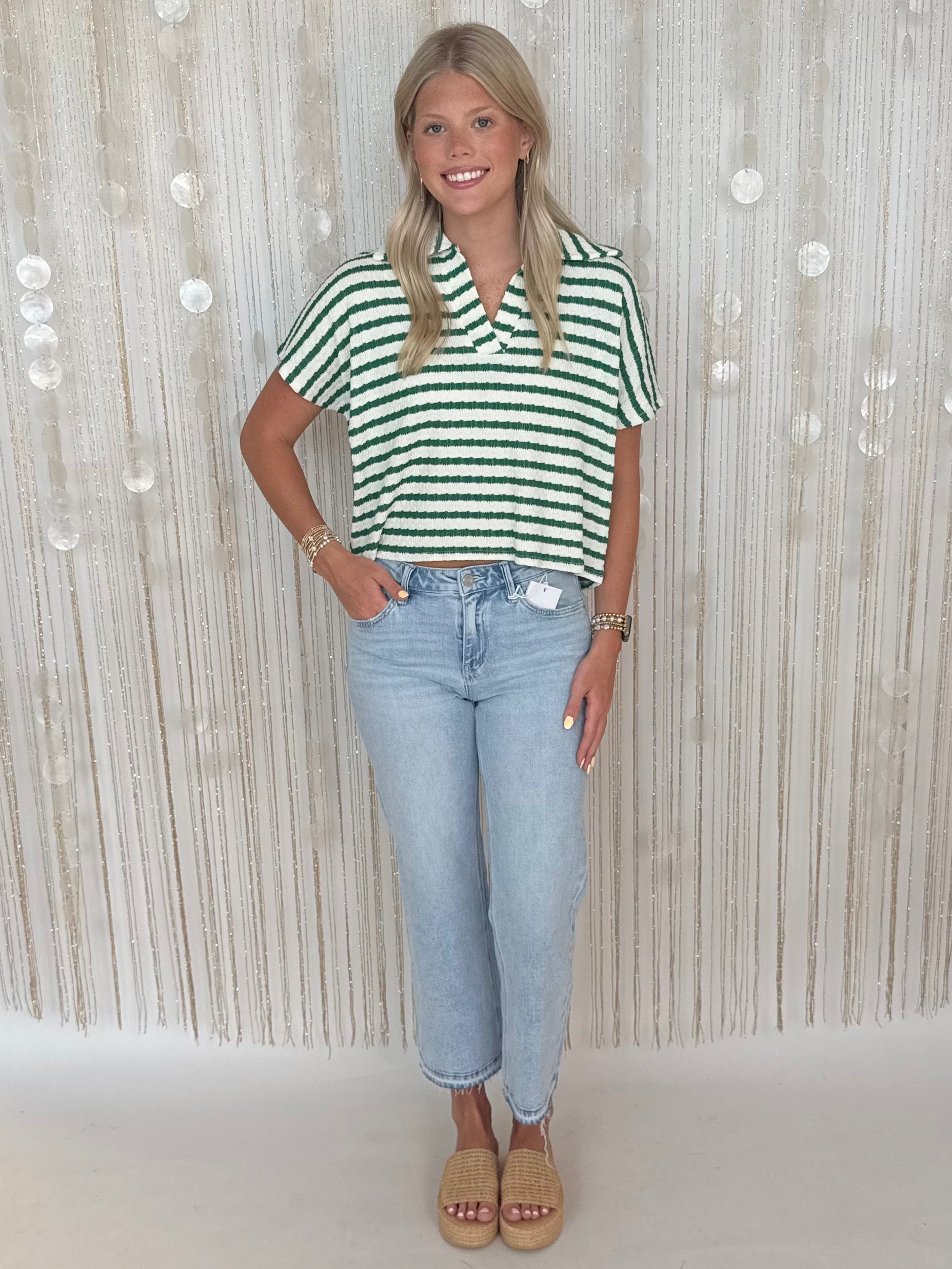 Off The Clock K Green Striped Collared Top-Shop-Womens-Boutique-Clothing