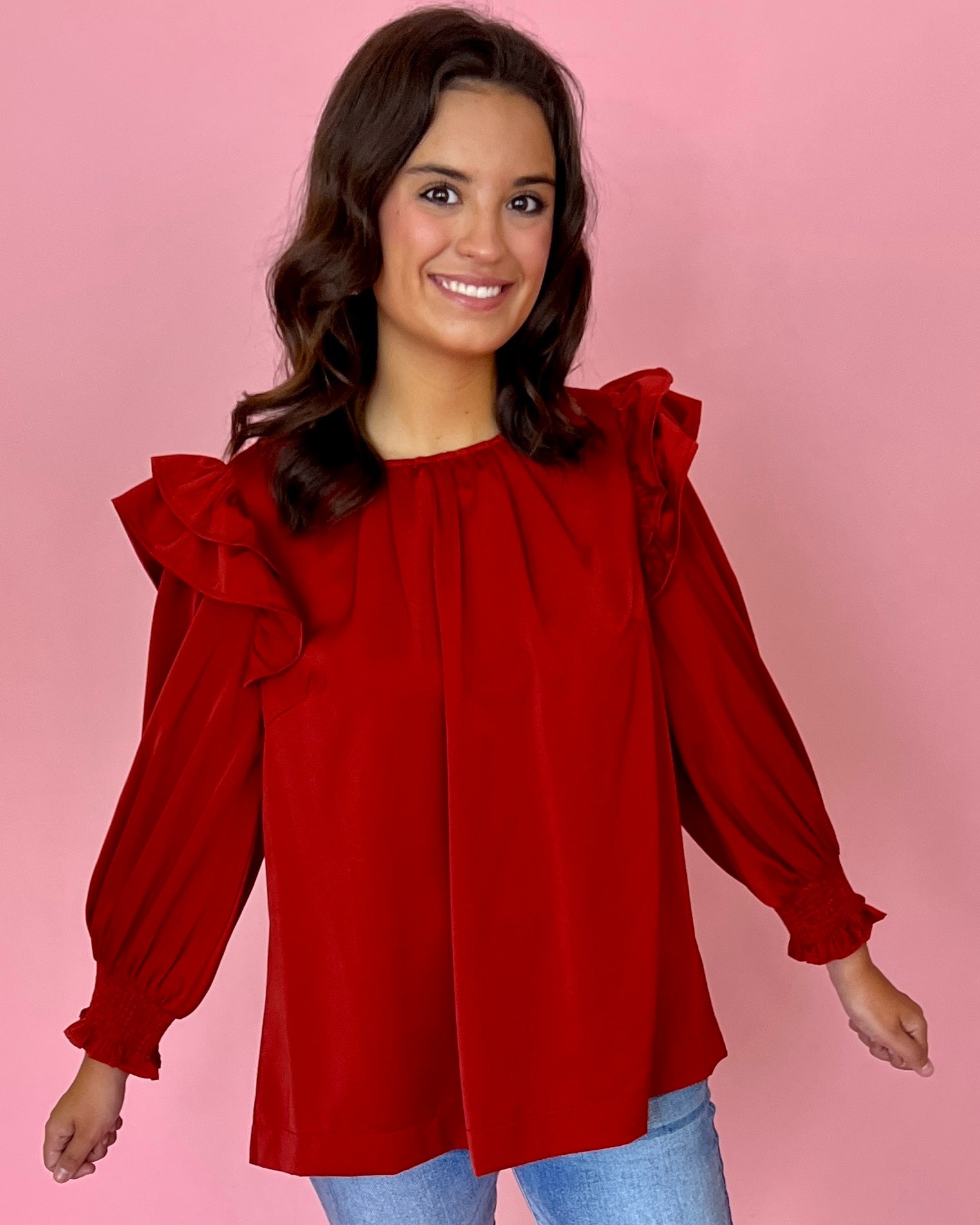 Something More Brick Satin Ruffle Shoulder Top-Shop-Womens-Boutique-Clothing