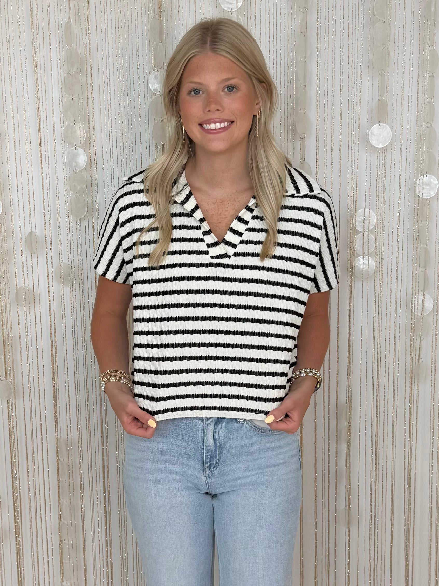 Off The Clock Black Striped Collared Top-Shop-Womens-Boutique-Clothing
