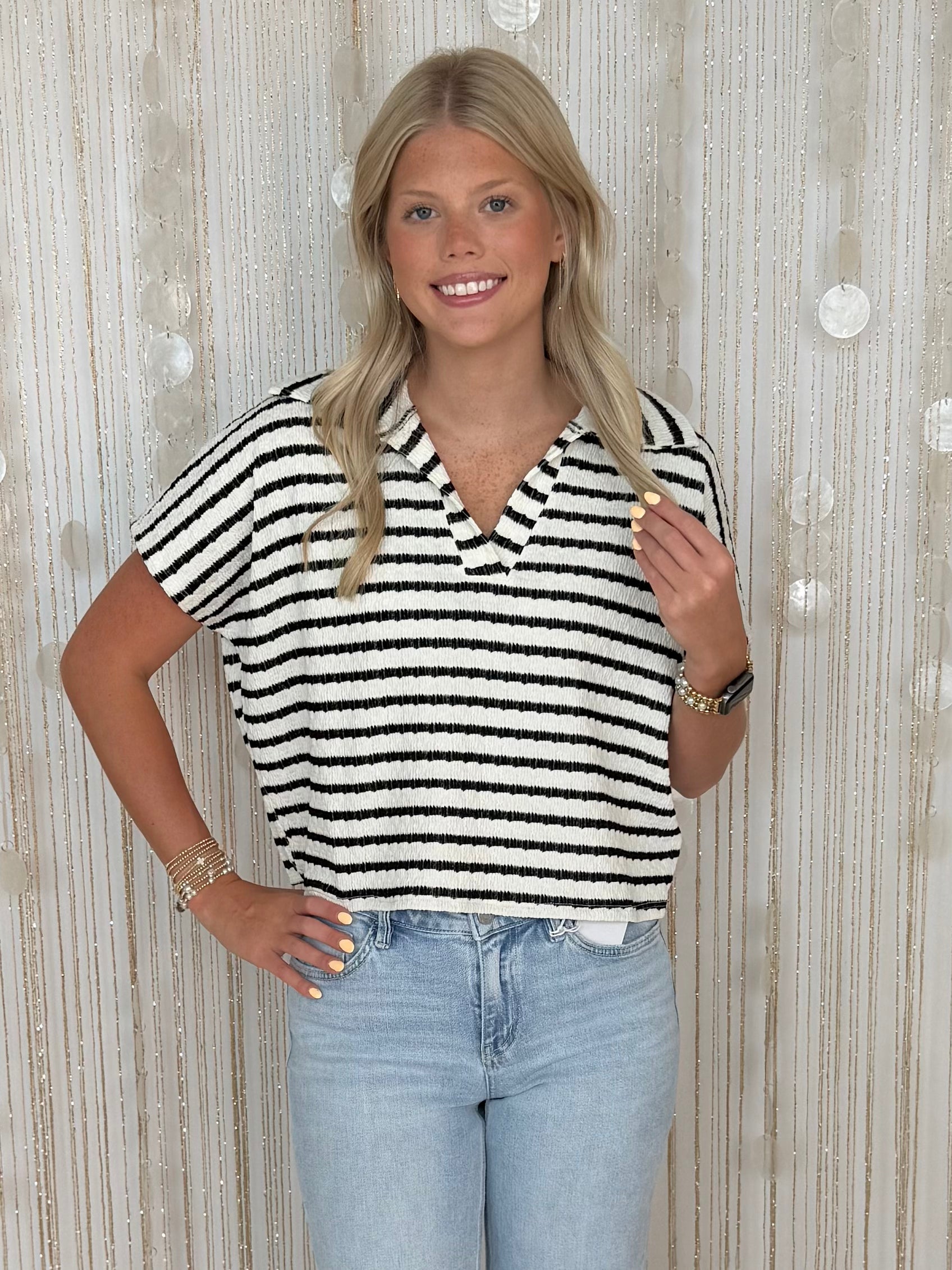 Off The Clock Black Striped Collared Top-Shop-Womens-Boutique-Clothing