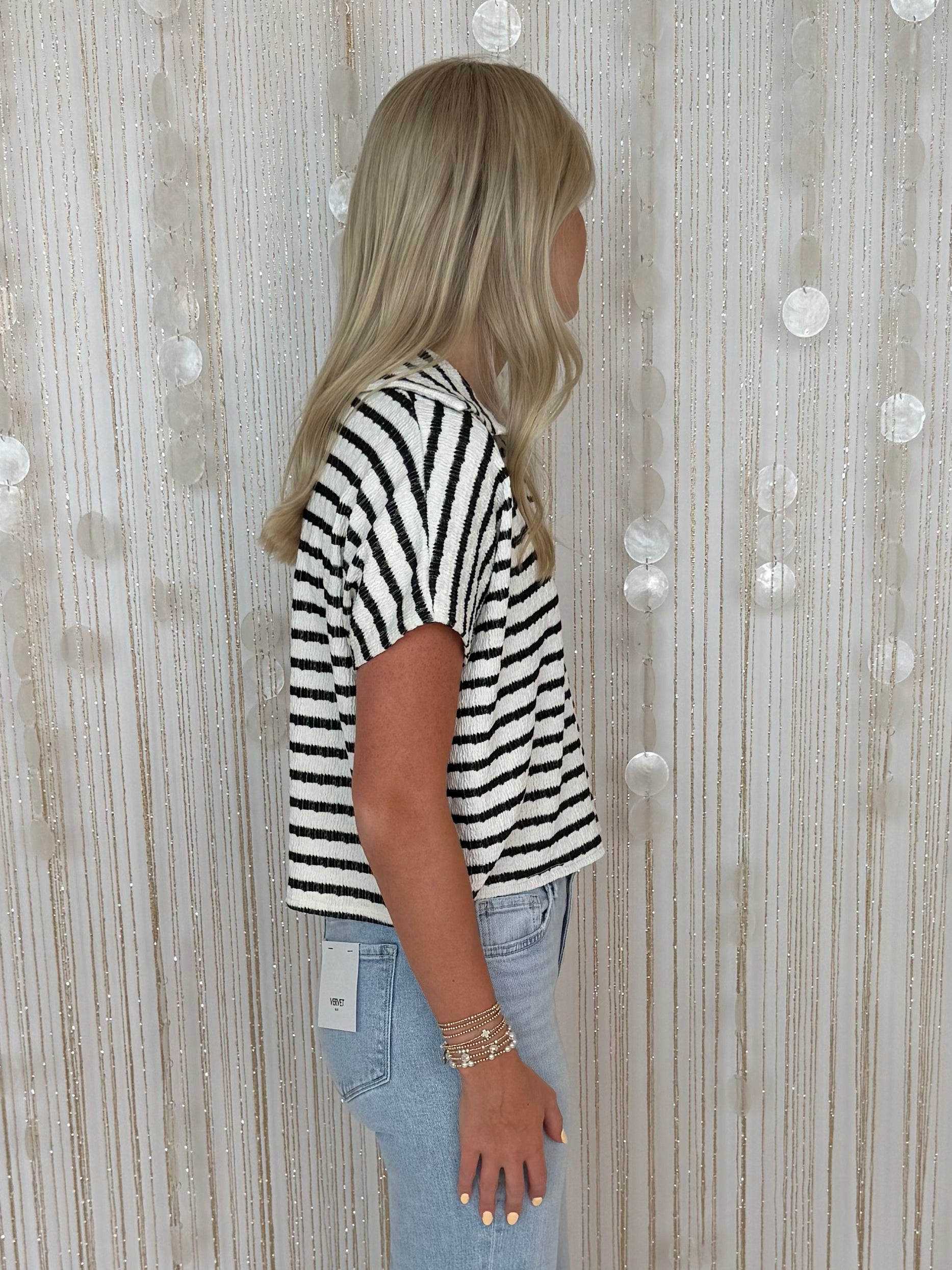 Off The Clock Black Striped Collared Top-Shop-Womens-Boutique-Clothing