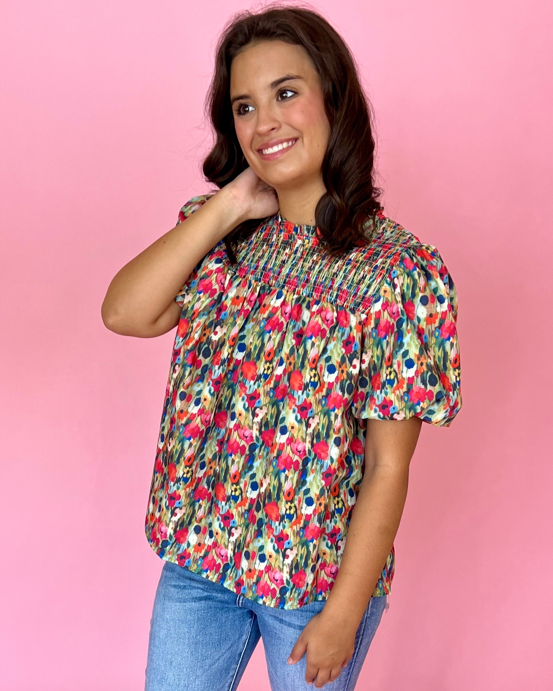 Autumn Leaves Olive Smocked Printed Puff Sleeve Top-Shop-Womens-Boutique-Clothing