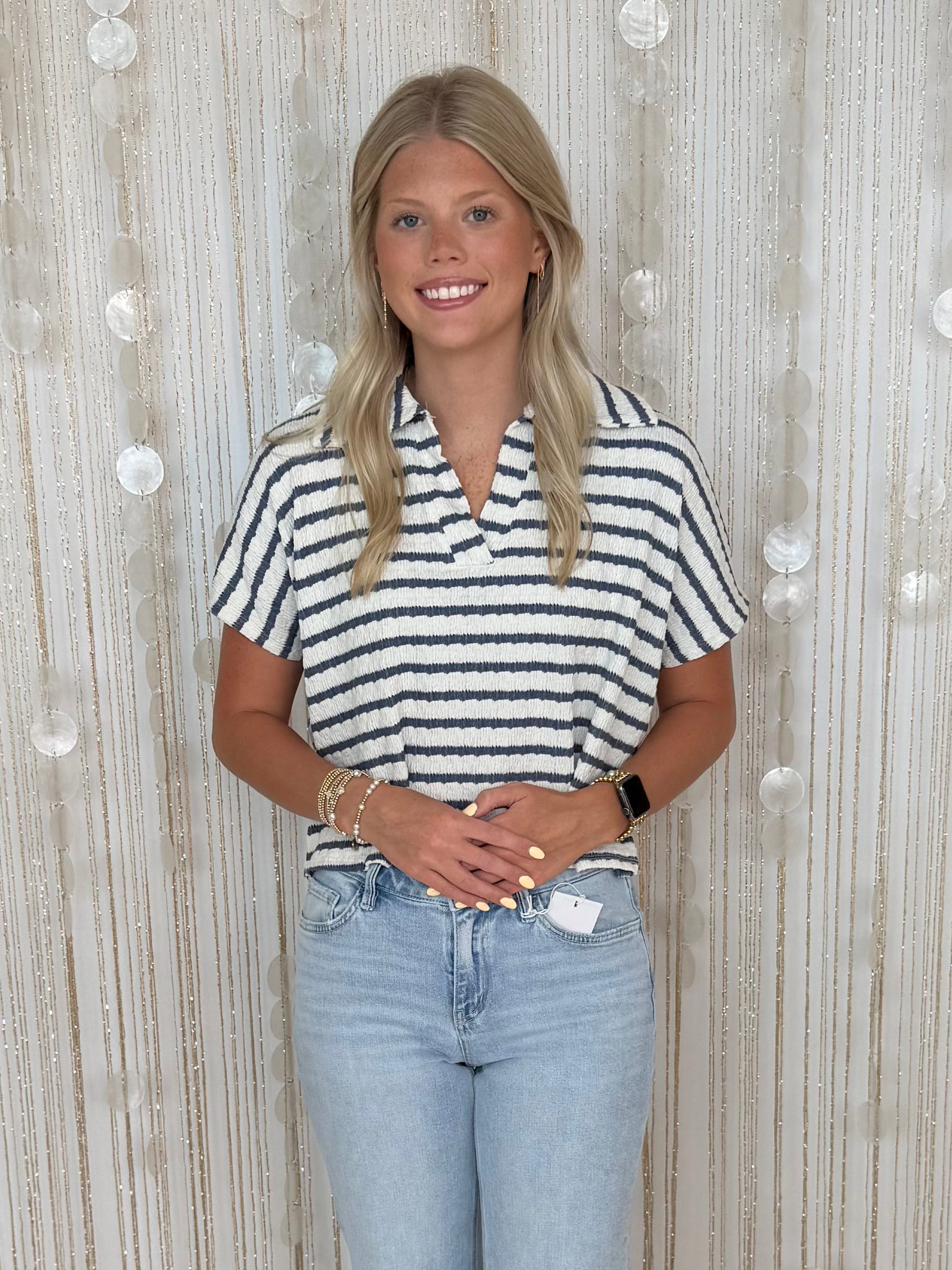 Off The Clock Denim Striped Collared Top-Shop-Womens-Boutique-Clothing