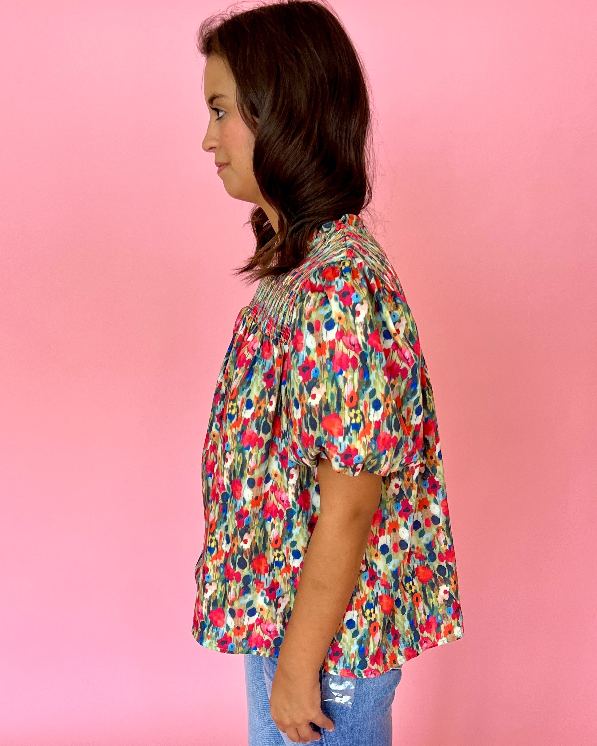 Autumn Leaves Olive Smocked Printed Puff Sleeve Top-Shop-Womens-Boutique-Clothing