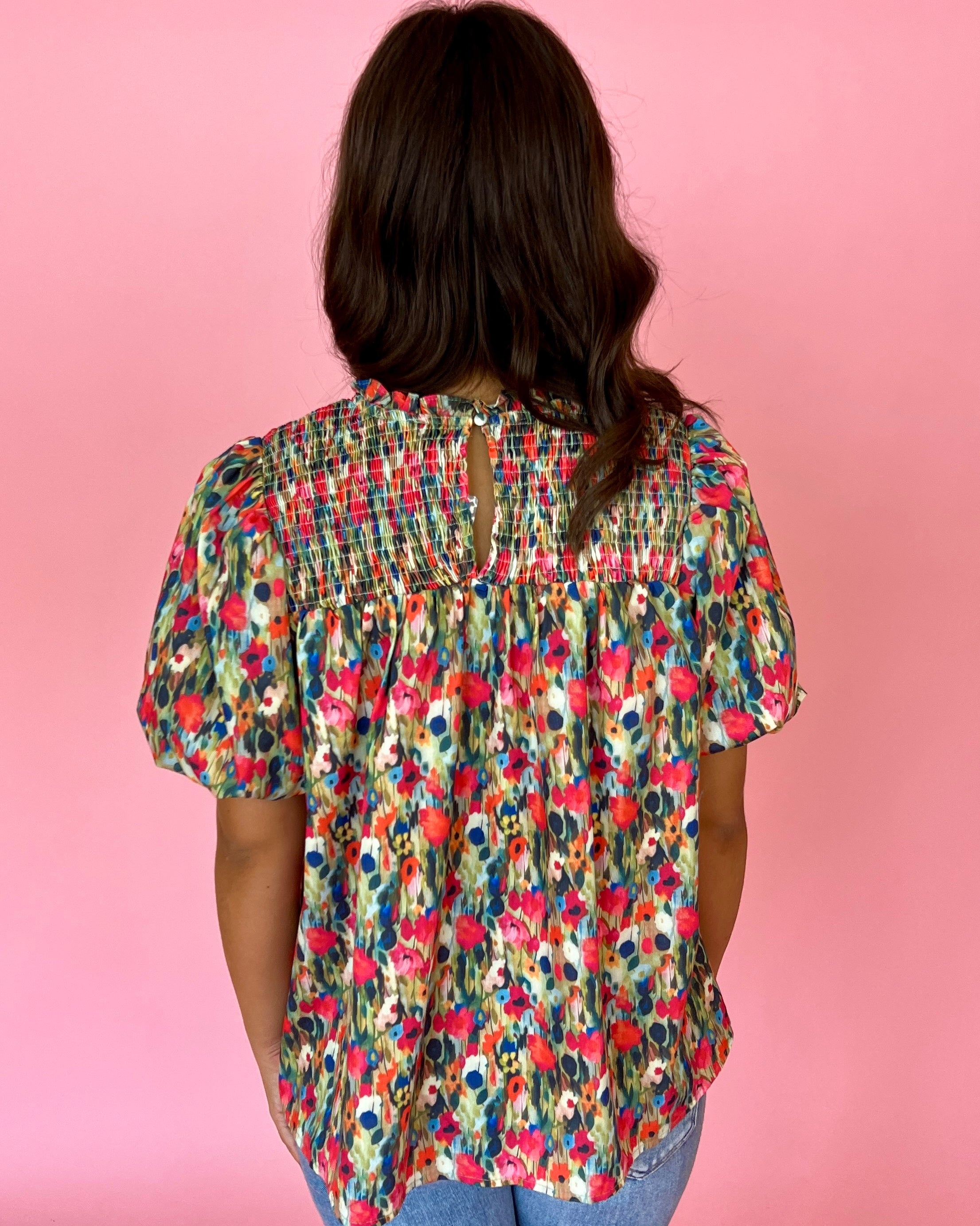 Autumn Leaves Olive Smocked Printed Puff Sleeve Top-Shop-Womens-Boutique-Clothing