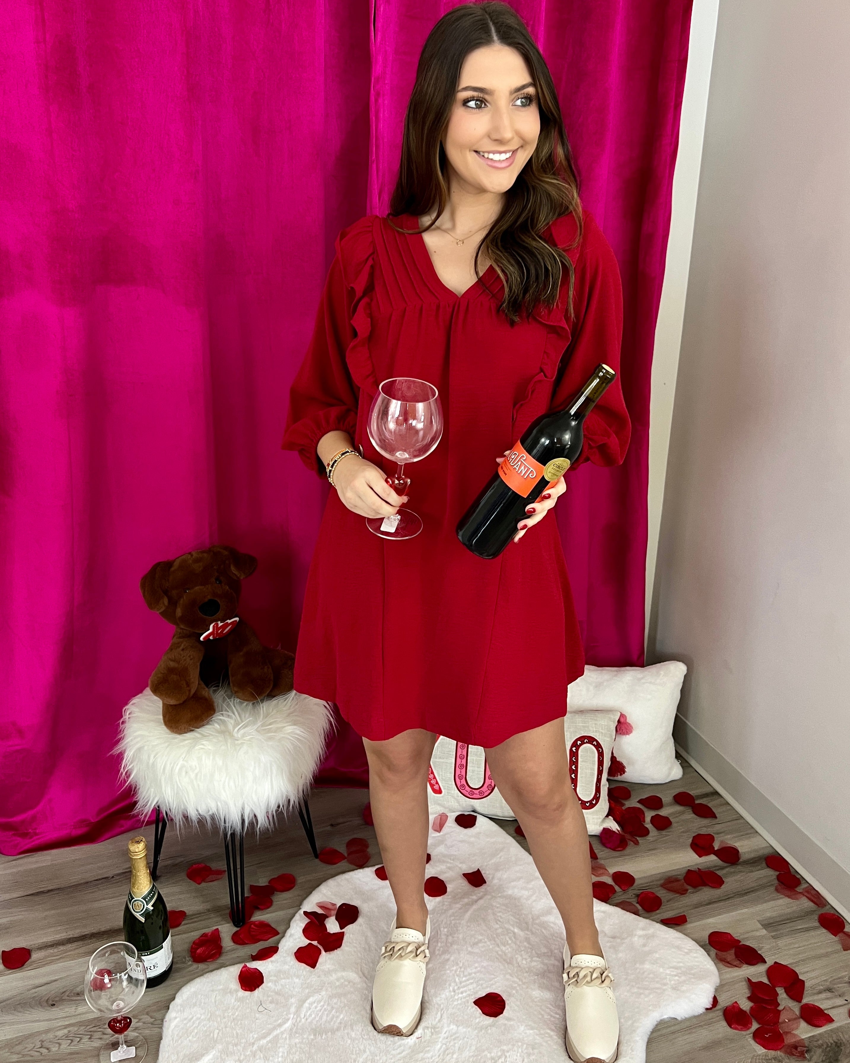 Let's Go Out Burgundy Pintuck Ruffle Dress-Shop-Womens-Boutique-Clothing