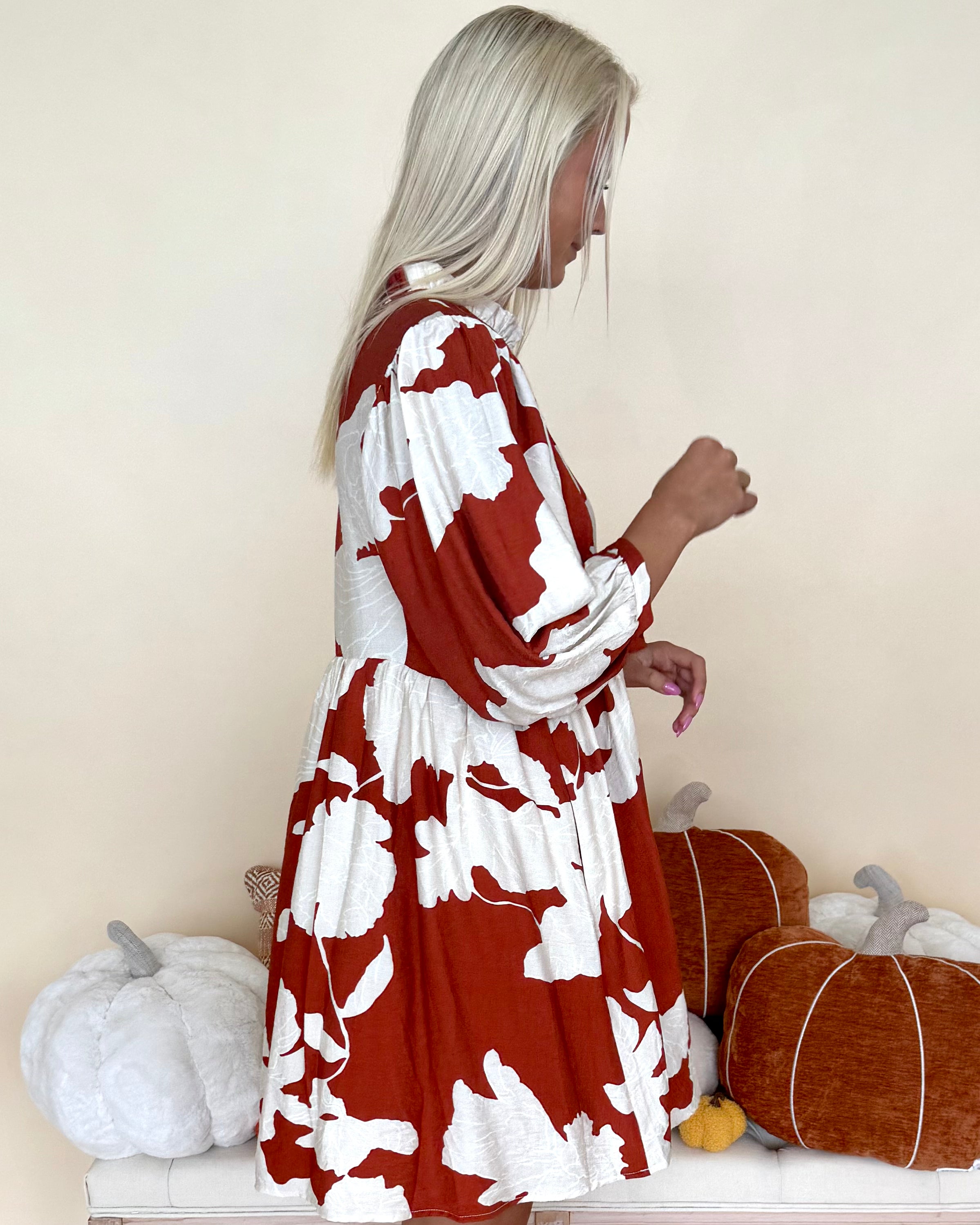 My Kind Of Day Rust Floral Babydoll Dress-Shop-Womens-Boutique-Clothing