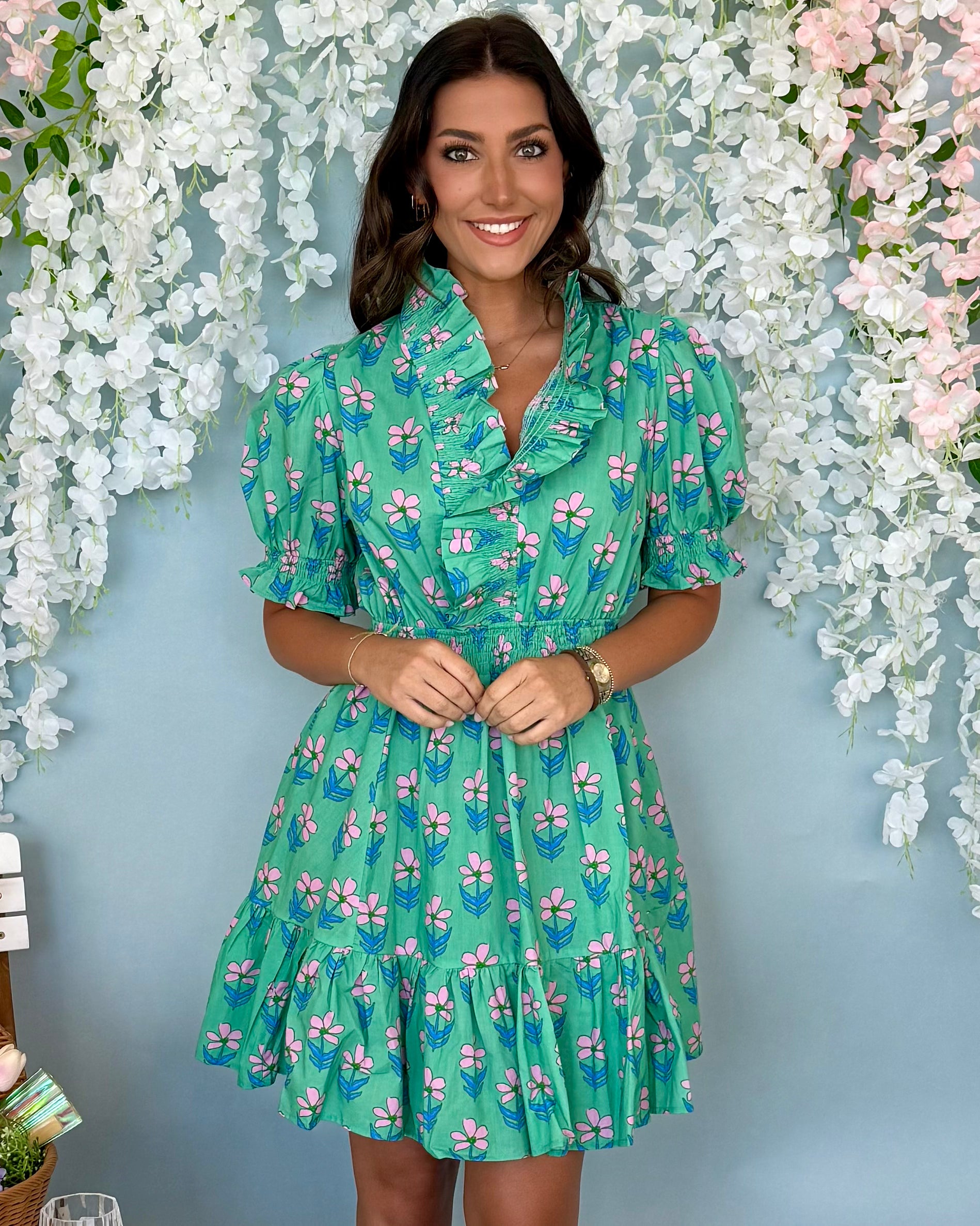 Daylight Ahead Green Mix Ruffle Dress-Shop-Womens-Boutique-Clothing