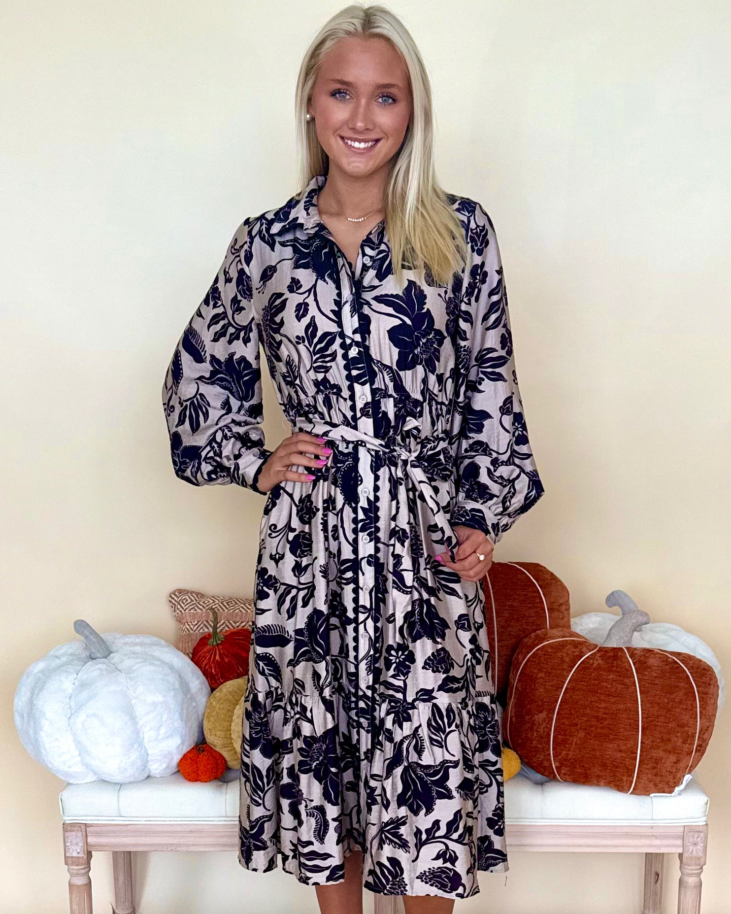 Fall For It Oatmeal Floral Midi Dress-Shop-Womens-Boutique-Clothing