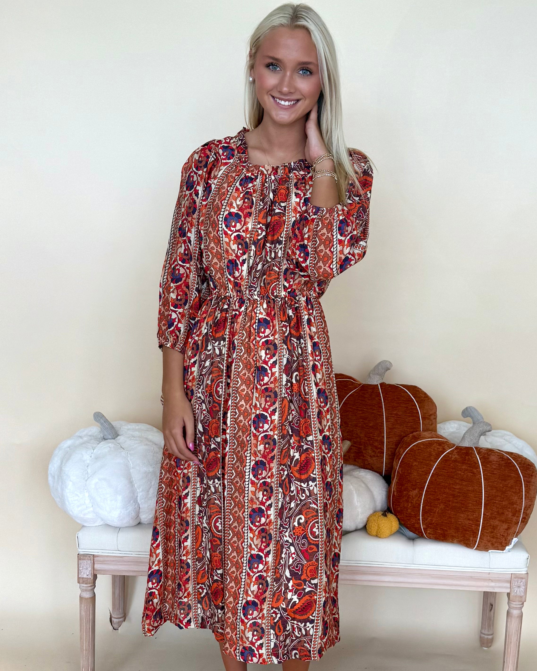 Warm Wishes Rust Boho Floral Midi Dress-Shop-Womens-Boutique-Clothing
