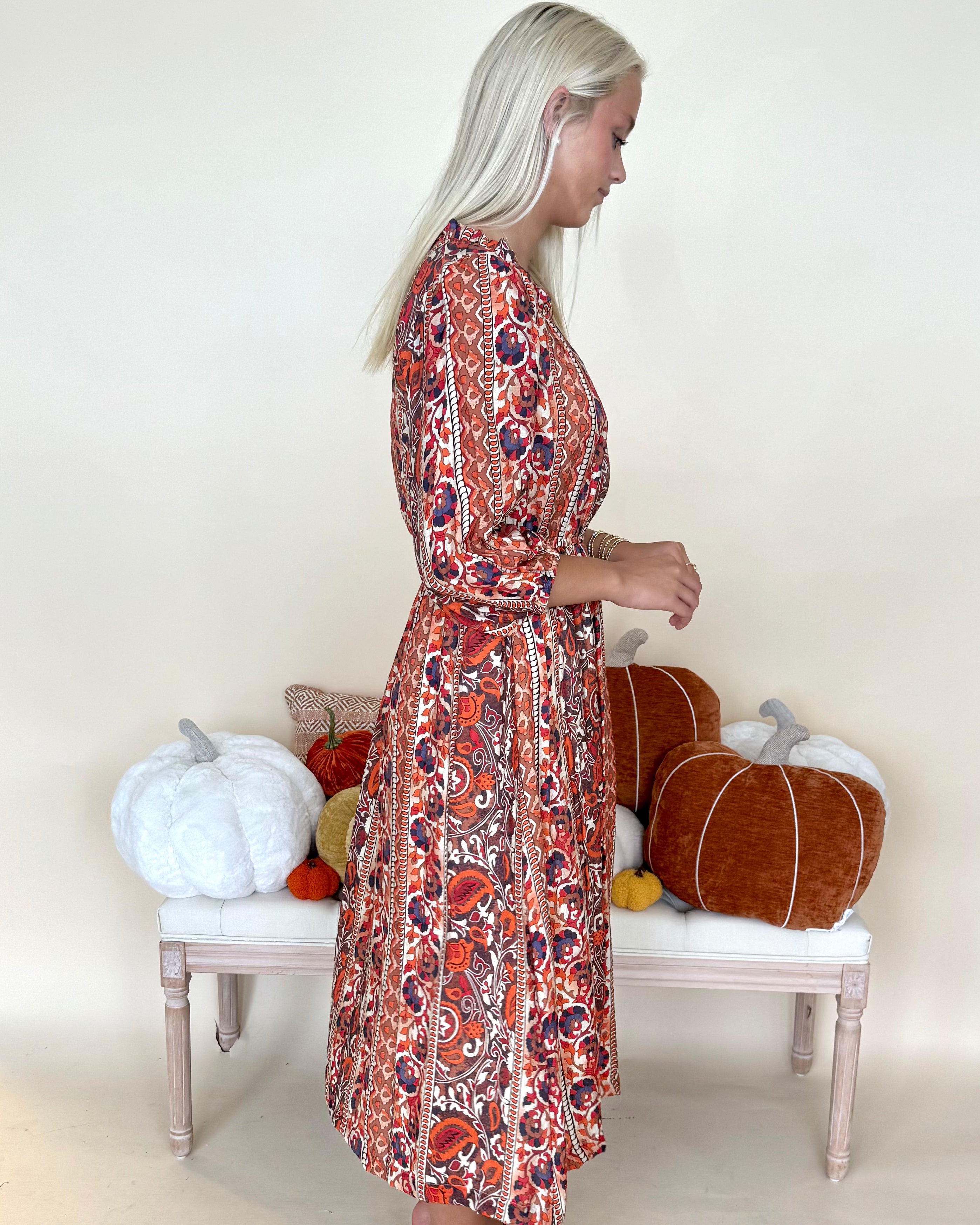 Warm Wishes Rust Boho Floral Midi Dress-Shop-Womens-Boutique-Clothing