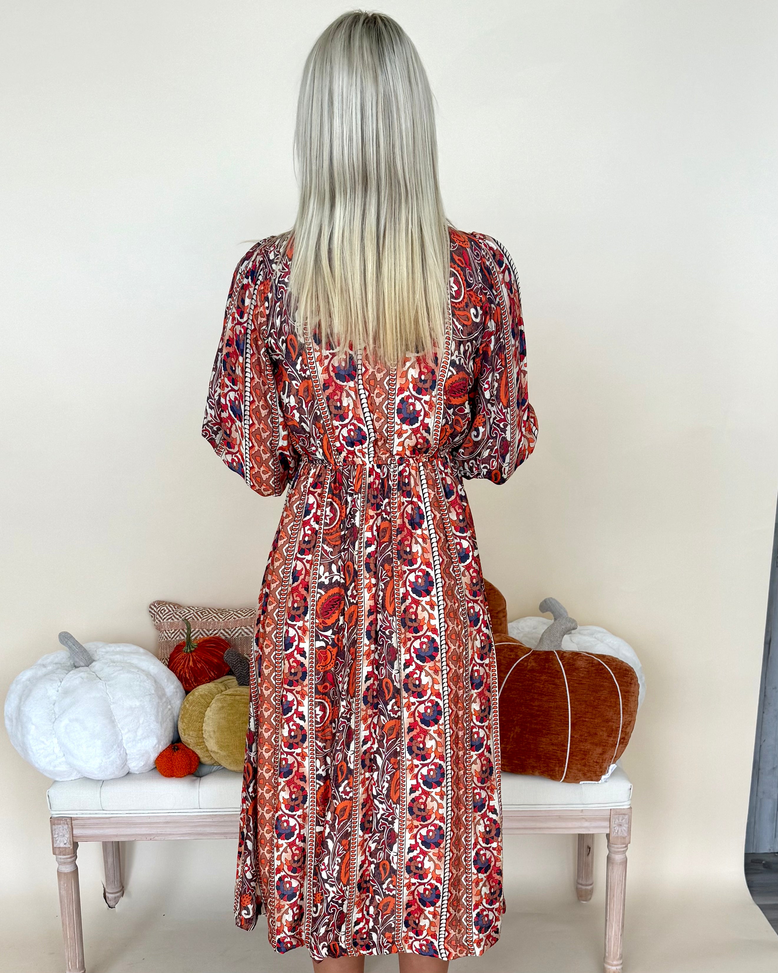 Warm Wishes Rust Boho Floral Midi Dress-Shop-Womens-Boutique-Clothing