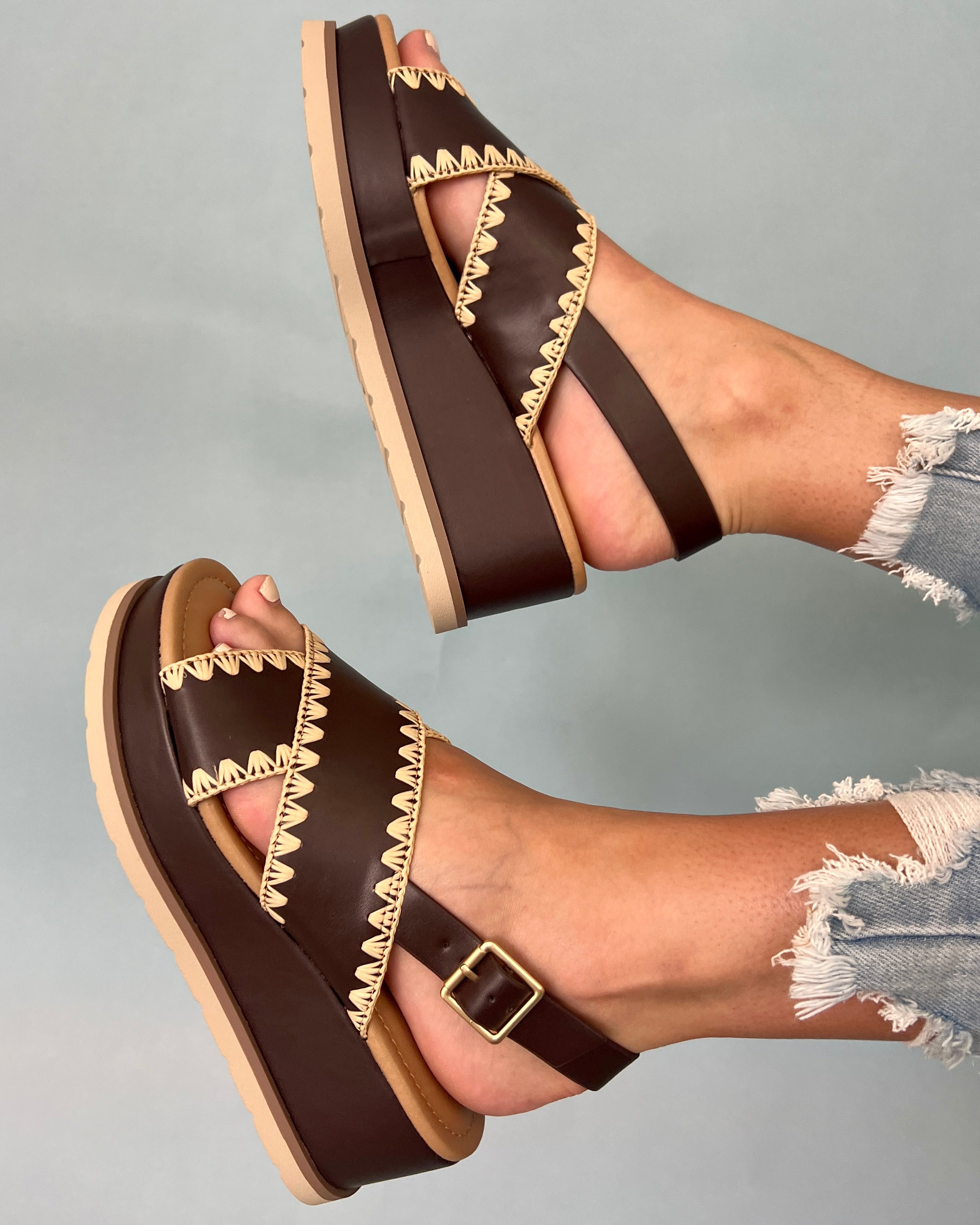 Annalise Dark Brown Cross Strap Raffia Detail Wedges-Shop-Womens-Boutique-Clothing