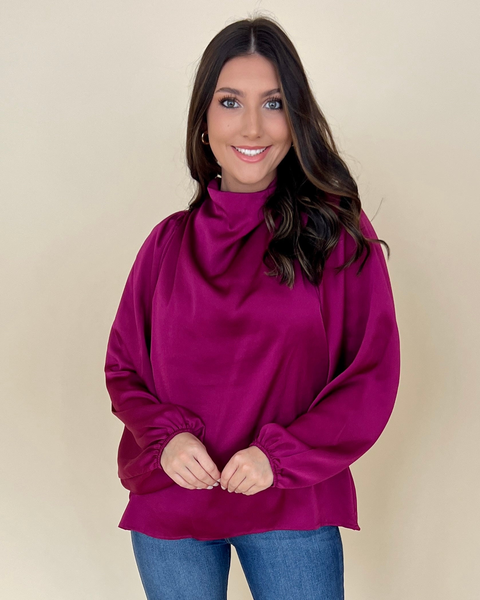 Lovely Day Magenta Satin Cowl Top-Shop-Womens-Boutique-Clothing