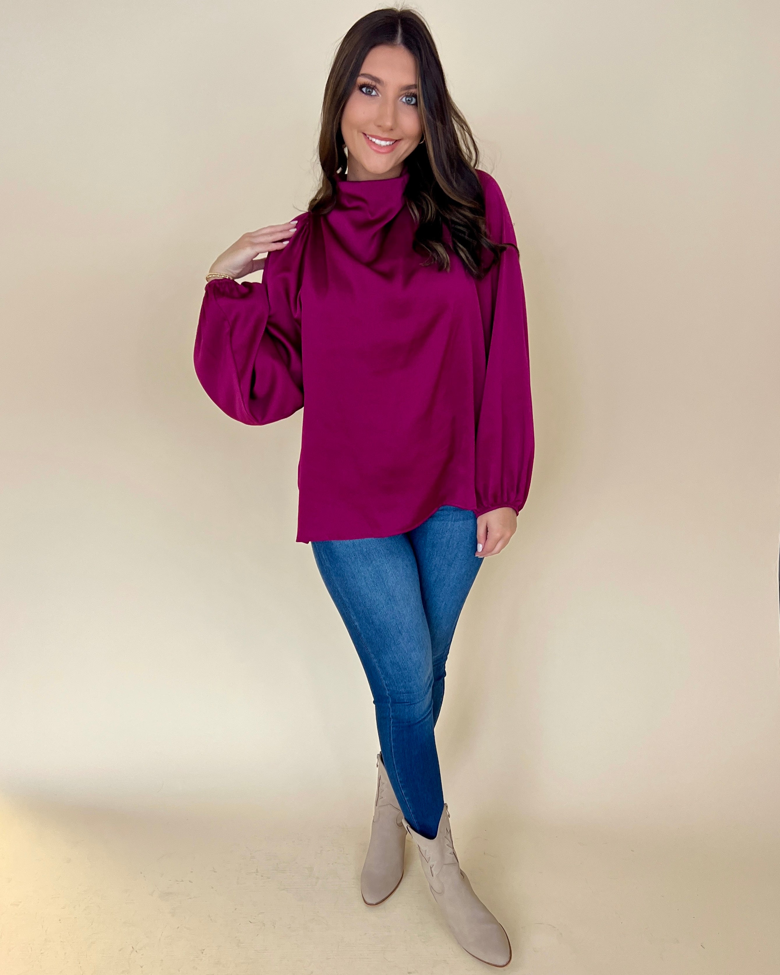 Lovely Day Magenta Satin Cowl Top-Shop-Womens-Boutique-Clothing