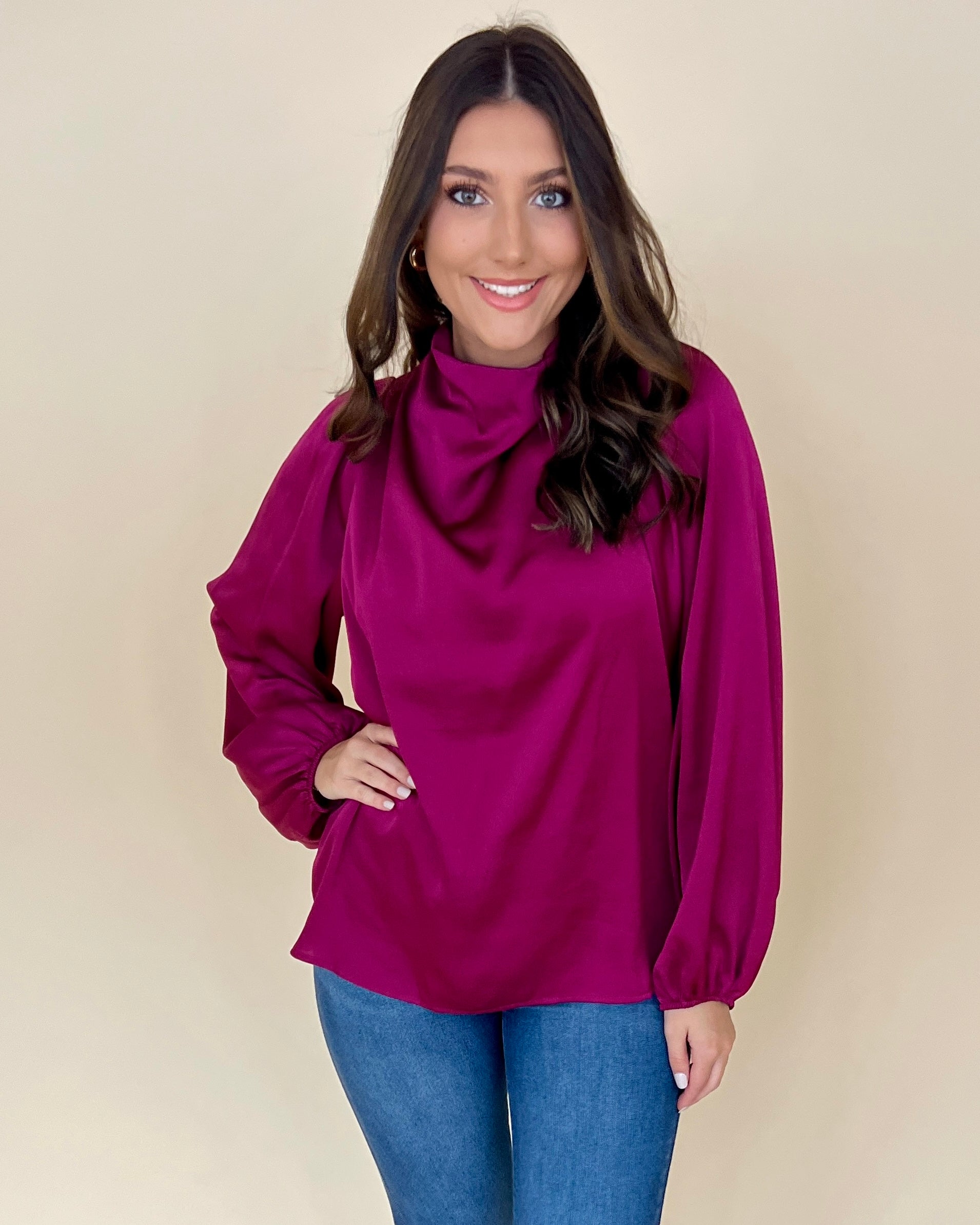 Lovely Day Magenta Satin Cowl Top-Shop-Womens-Boutique-Clothing
