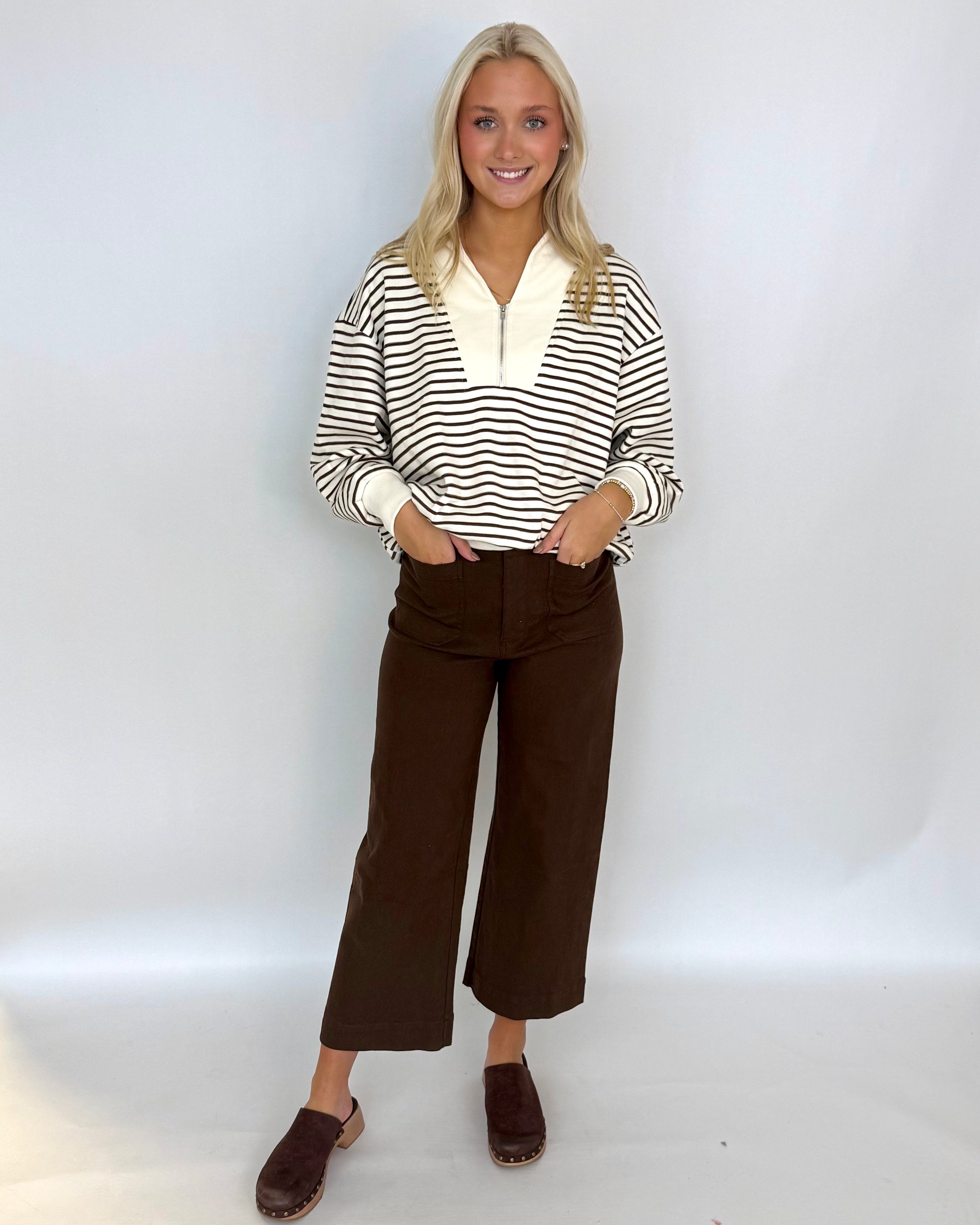 Comforting Brown Zip Striped Sweatshirt-Shop-Womens-Boutique-Clothing