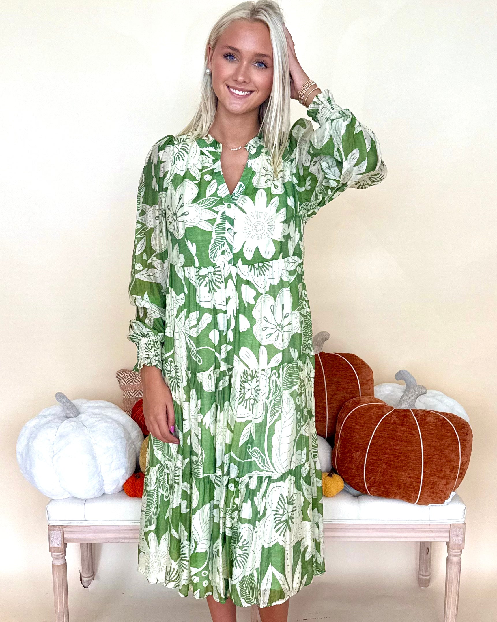 City Bloom Green Ruffle Tiered Midi Dress-Shop-Womens-Boutique-Clothing