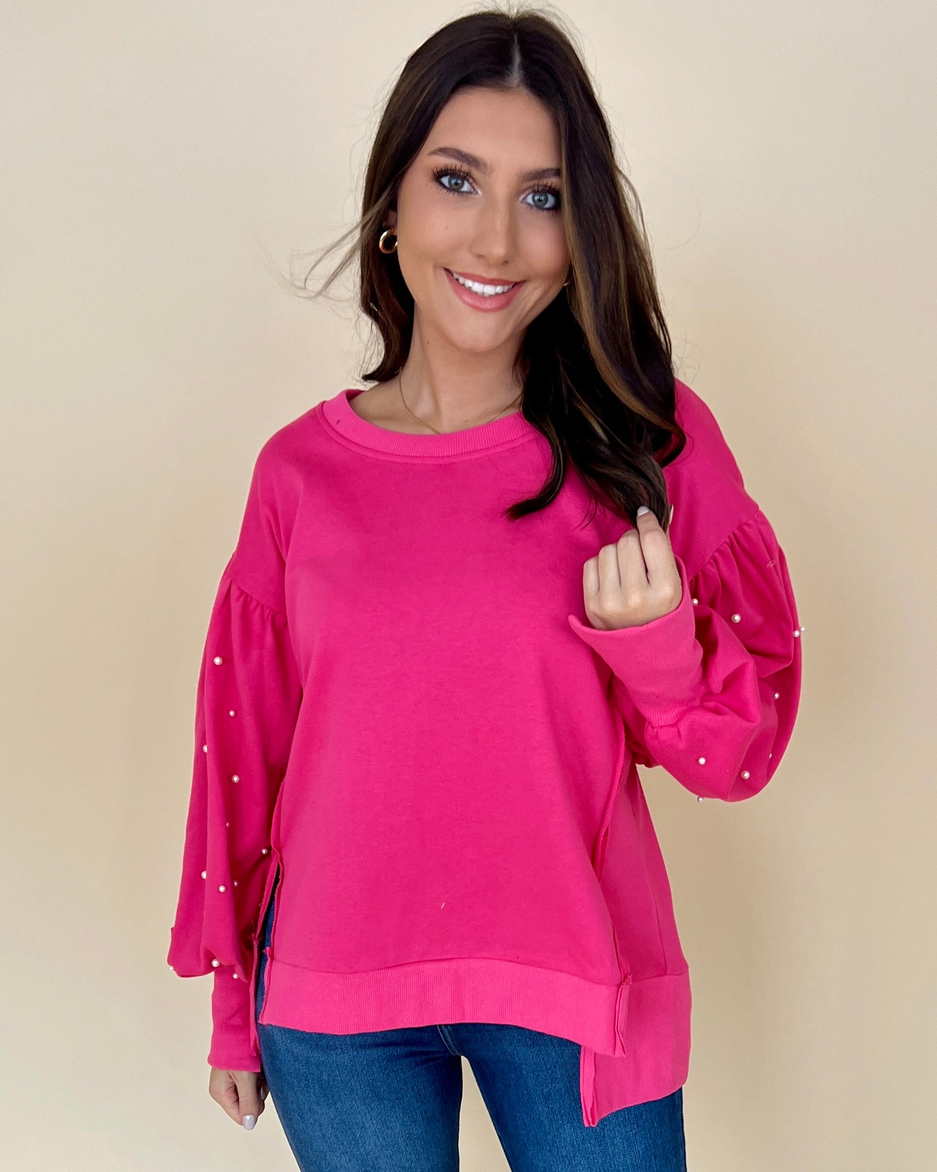 A Sensation Fuchsia Sleeve Pearls Top-Shop-Womens-Boutique-Clothing
