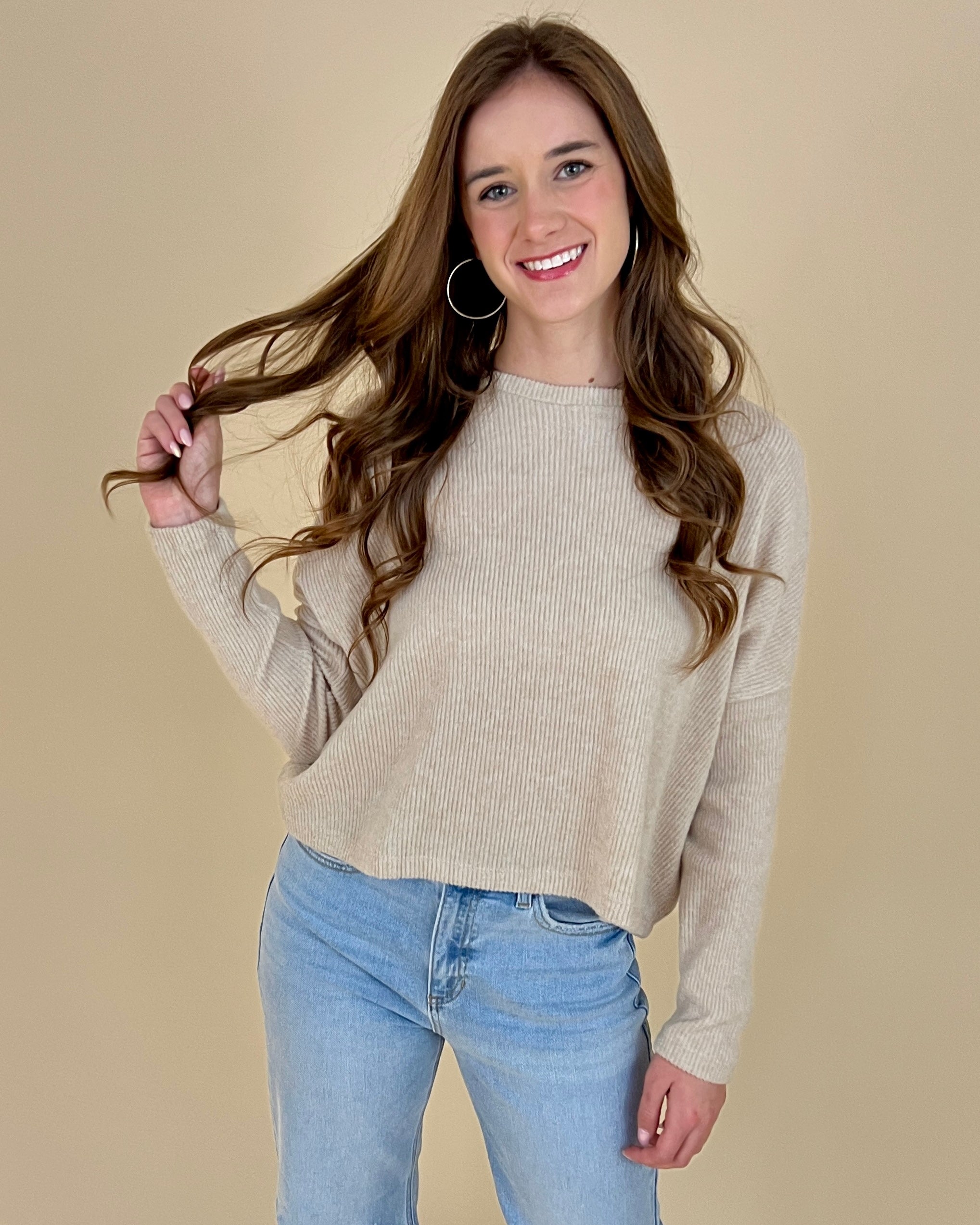 Dream On H Beige Ribbed Sweater-Shop-Womens-Boutique-Clothing