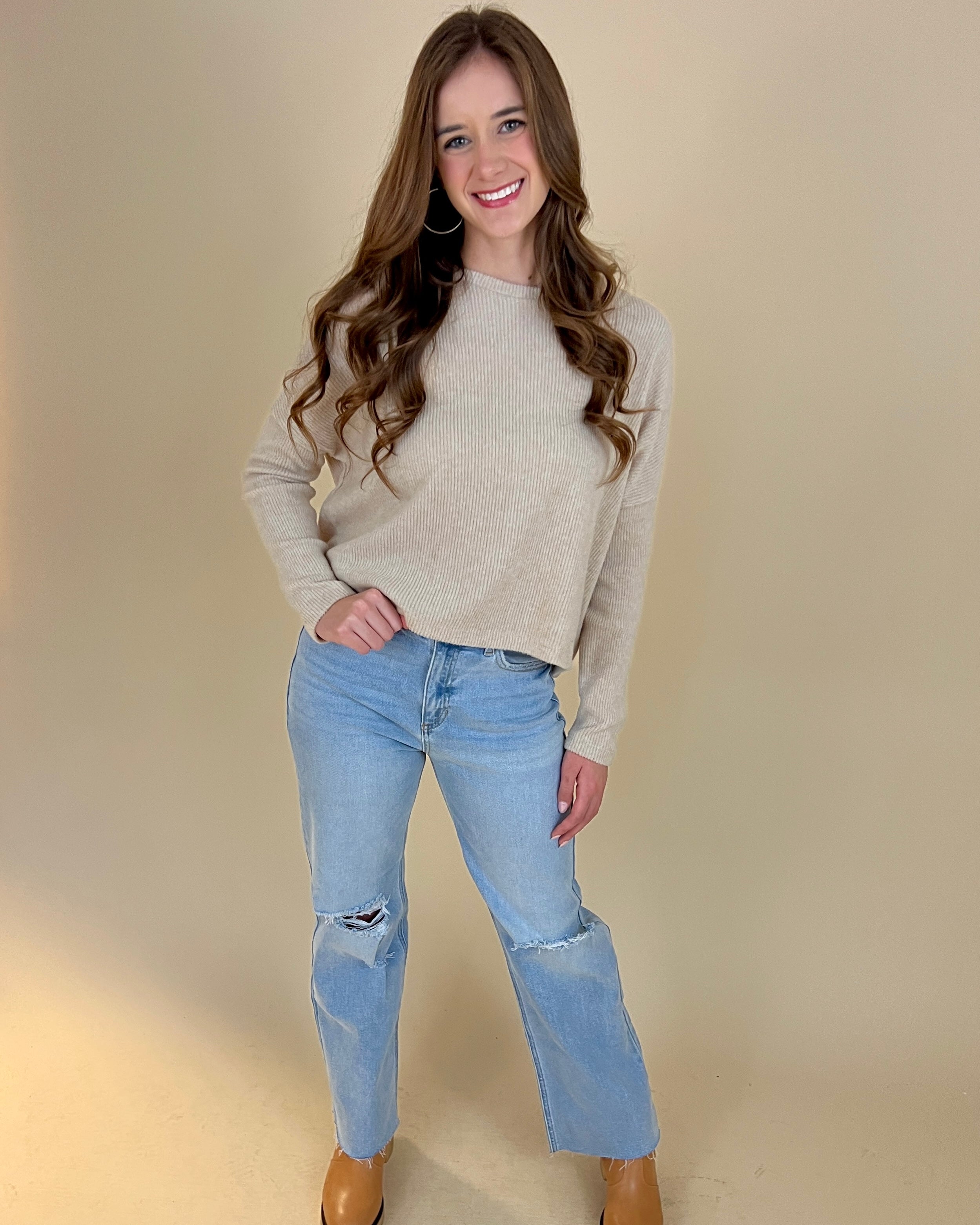 Dream On H Beige Ribbed Sweater-Shop-Womens-Boutique-Clothing