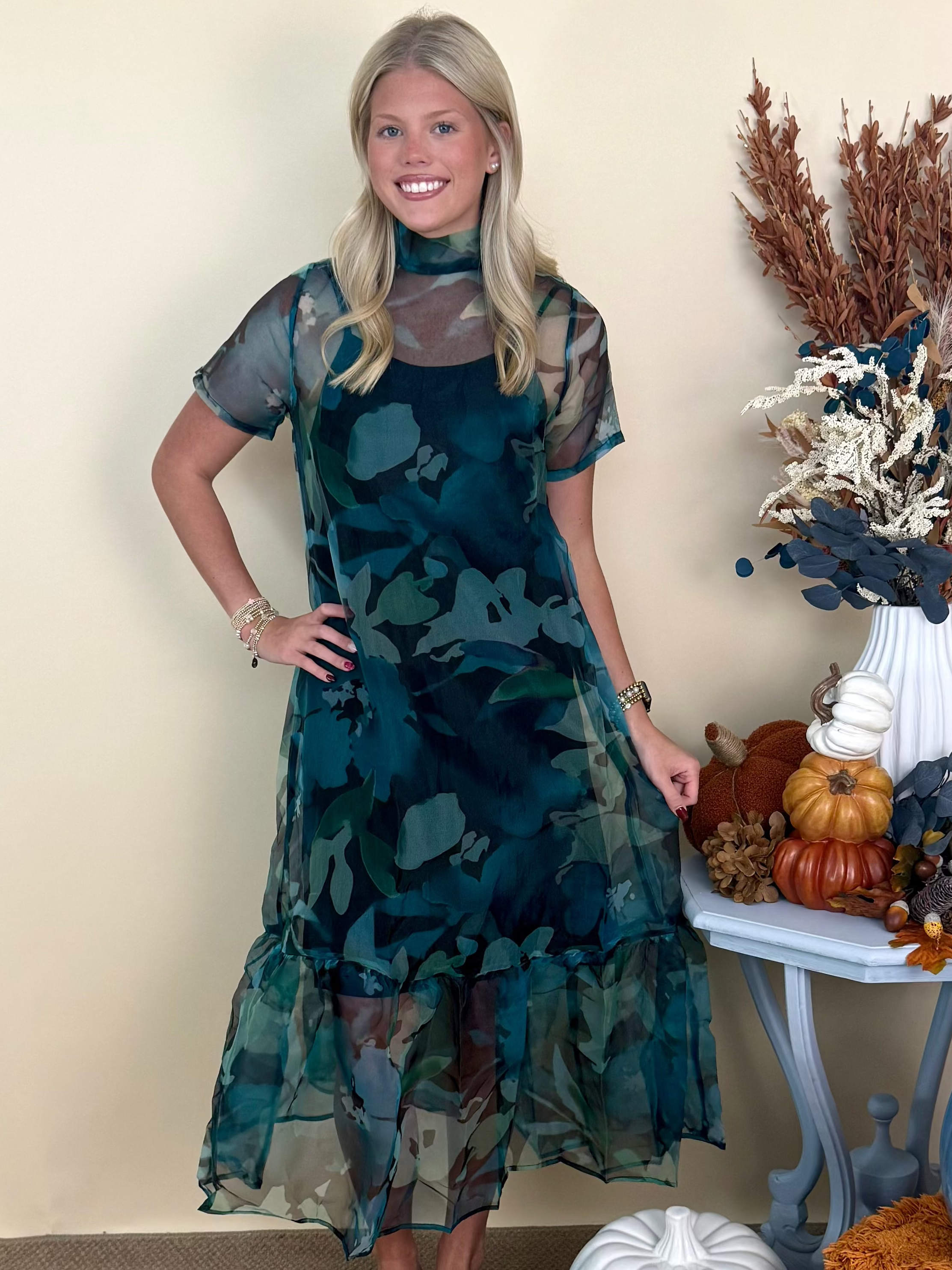 Sweet Spotlight Green Sheer Floral Print Overlay Maxi Dress-Shop-Womens-Boutique-Clothing
