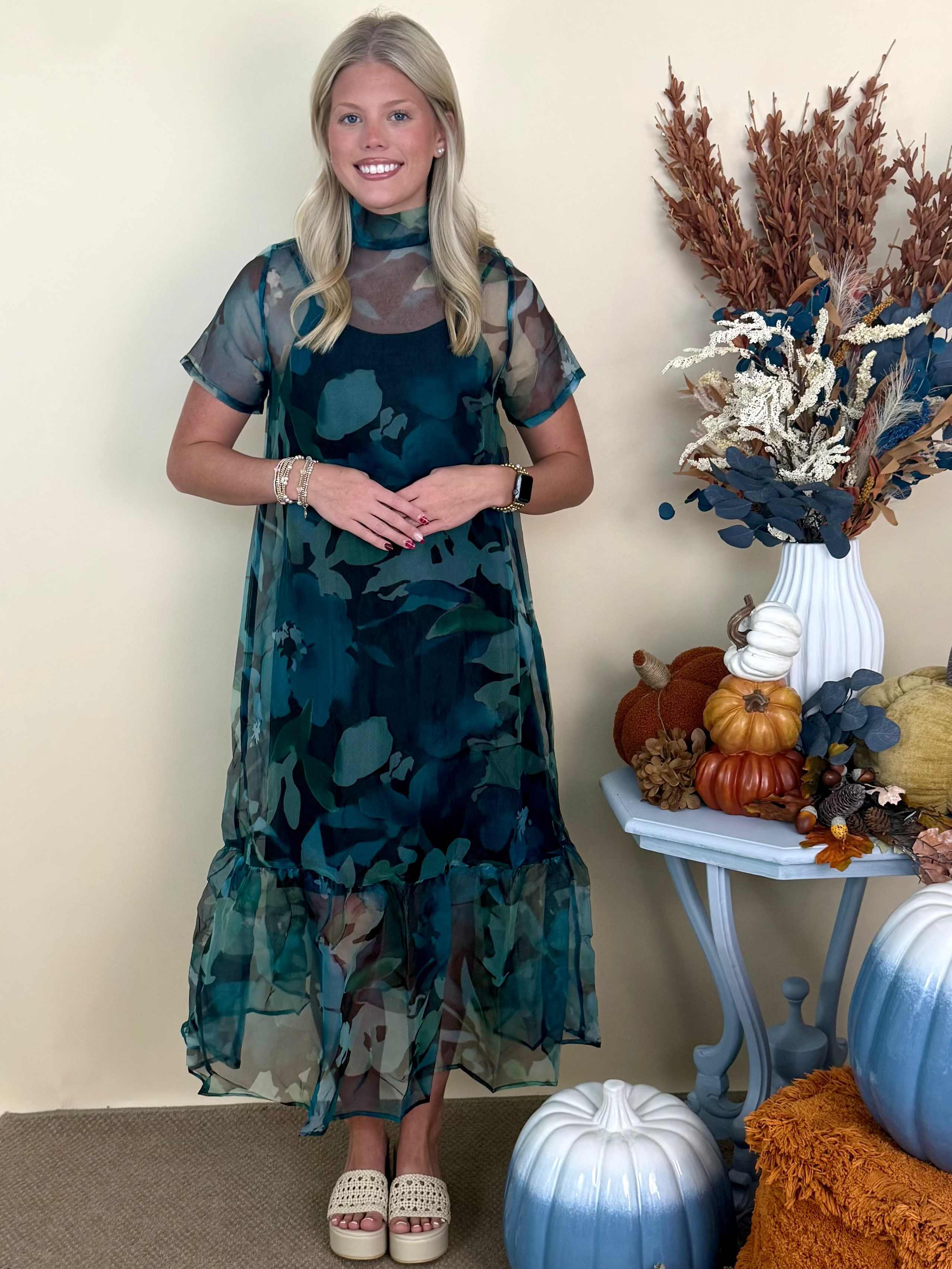 Sweet Spotlight Green Sheer Floral Print Overlay Maxi Dress-Shop-Womens-Boutique-Clothing