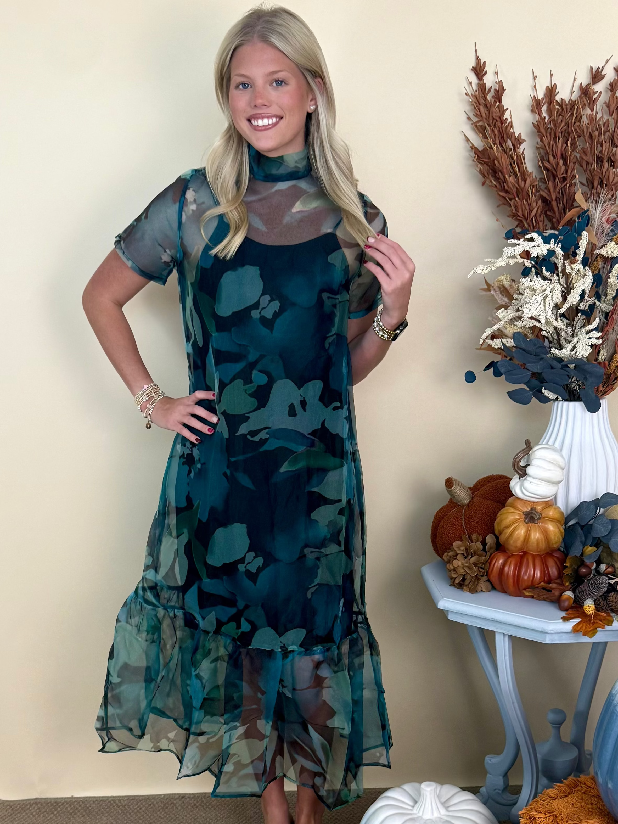 Sweet Spotlight Green Sheer Floral Print Overlay Maxi Dress-Shop-Womens-Boutique-Clothing