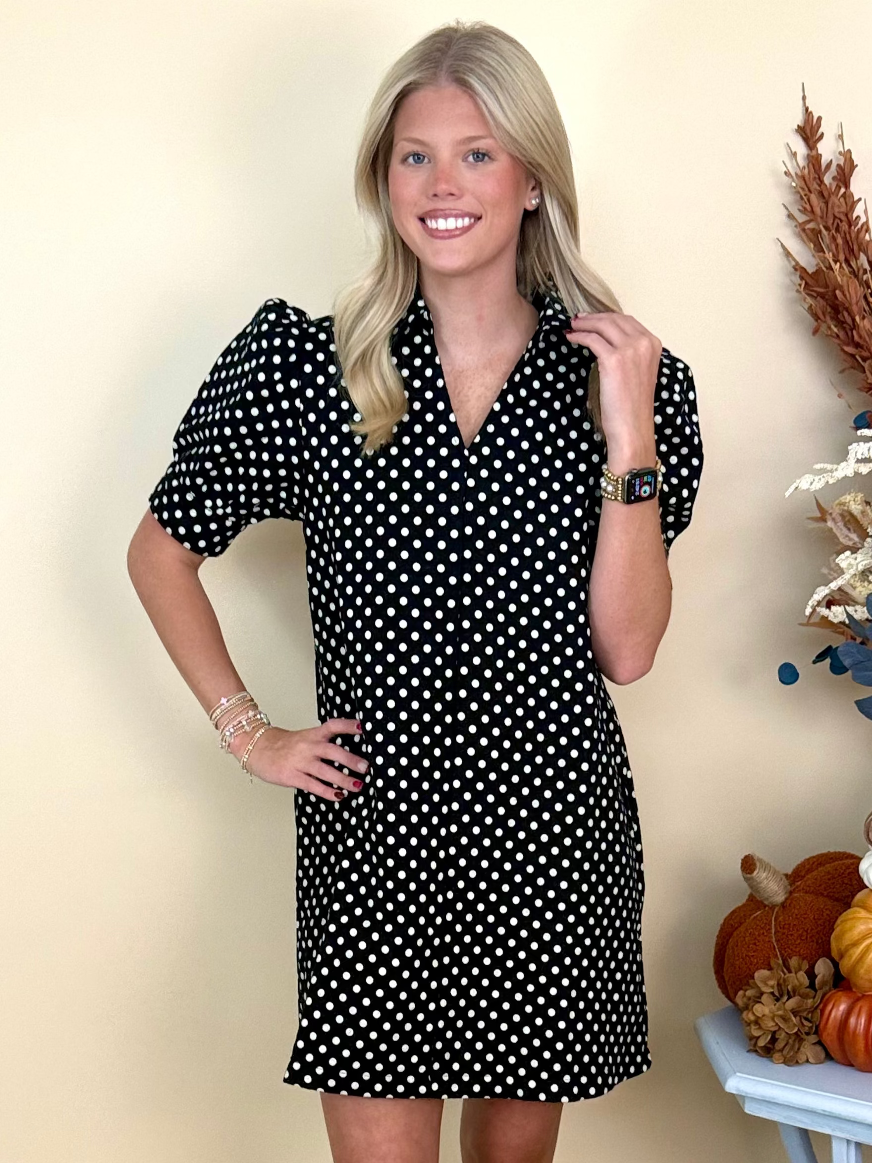 Cozy Company Black Polka Dot V-Neck Collared Shift Dress-Shop-Womens-Boutique-Clothing