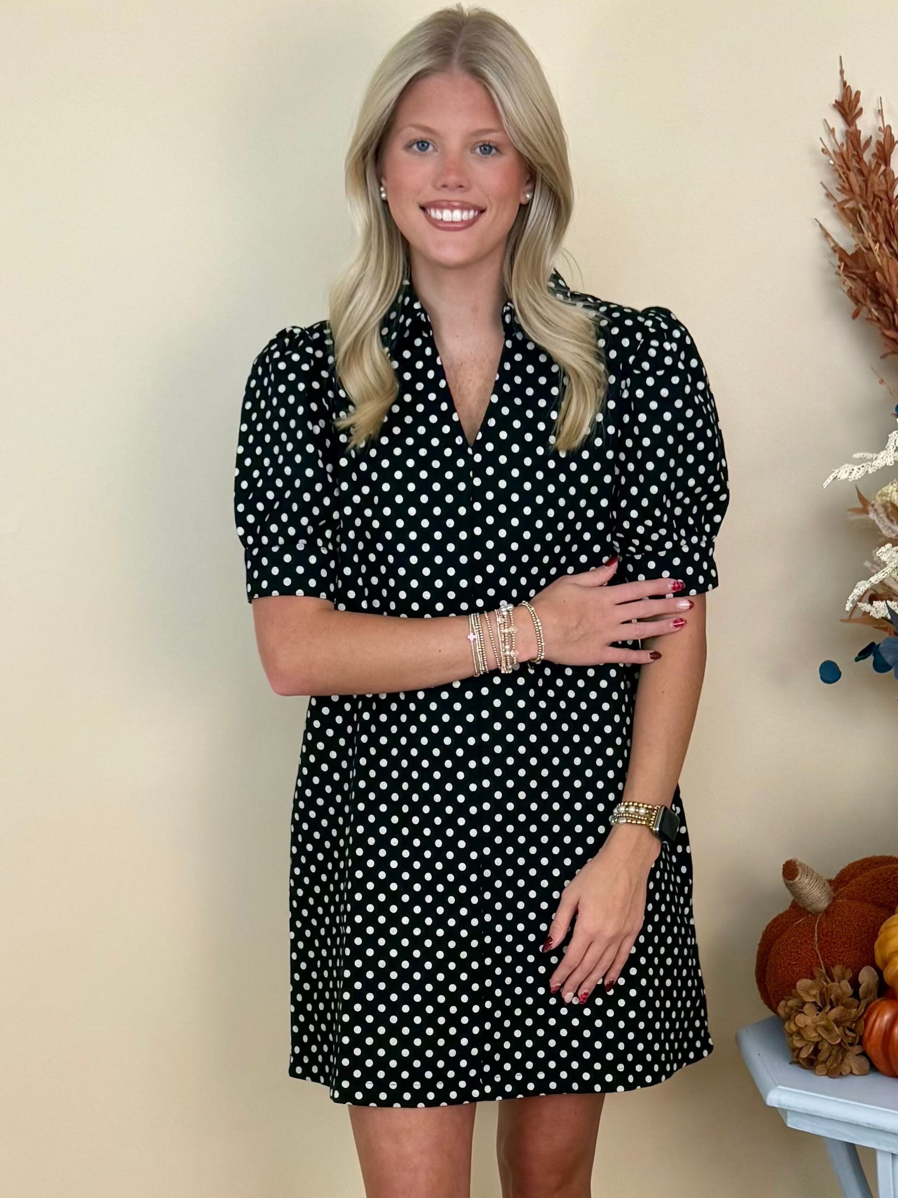 Cozy Company Black Polka Dot V-Neck Collared Shift Dress-Shop-Womens-Boutique-Clothing