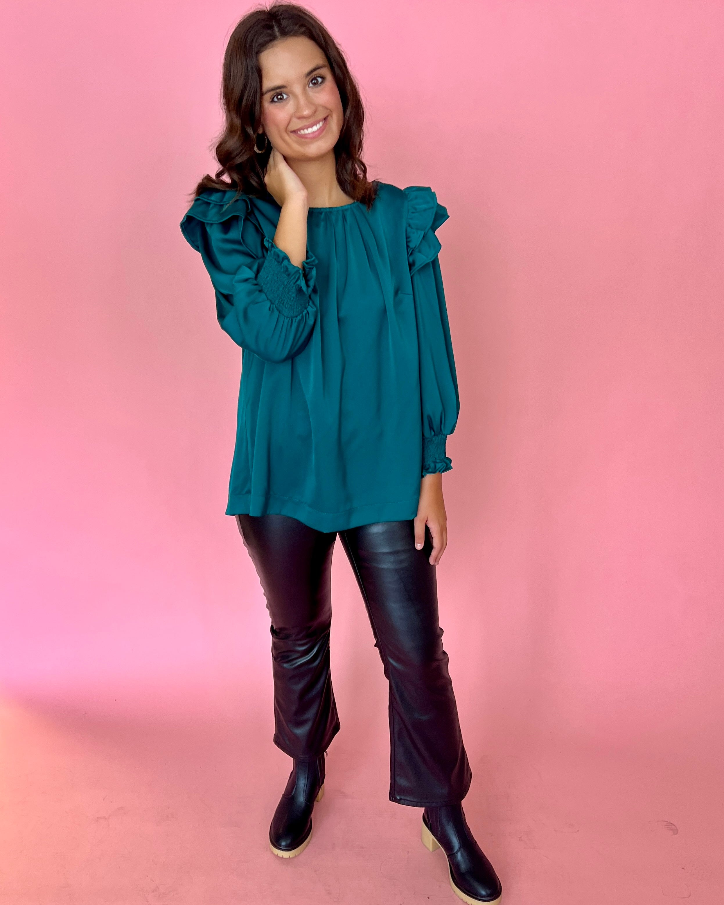 Something More Forest Green Satin Ruffle Shoulder Top-Shop-Womens-Boutique-Clothing