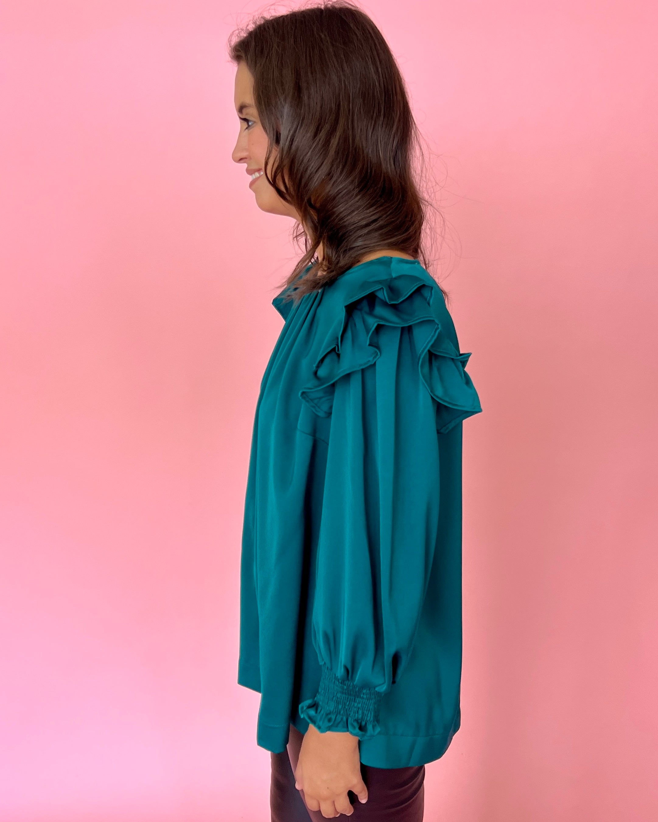 Something More Forest Green Satin Ruffle Shoulder Top-Shop-Womens-Boutique-Clothing