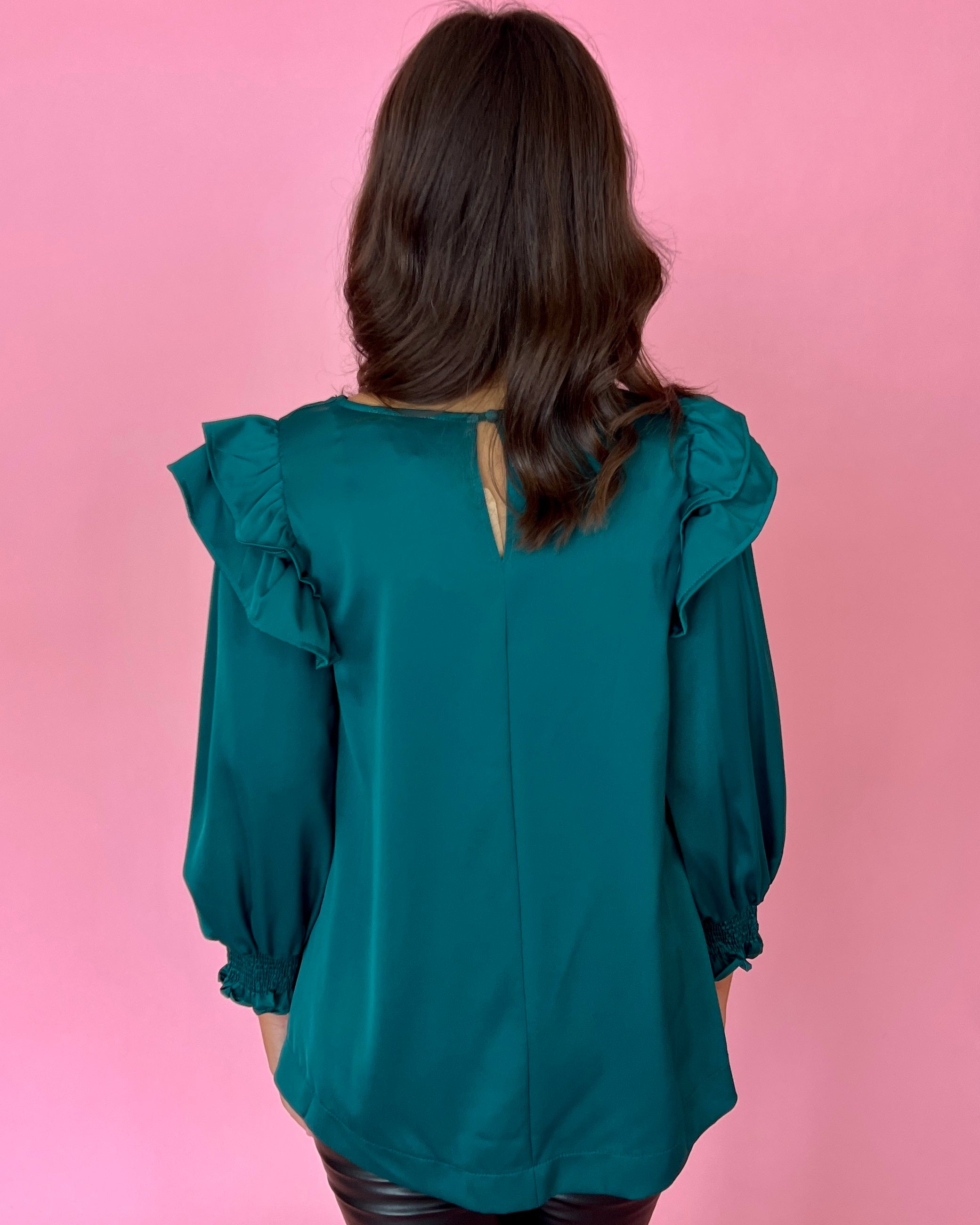 Something More Forest Green Satin Ruffle Shoulder Top-Shop-Womens-Boutique-Clothing