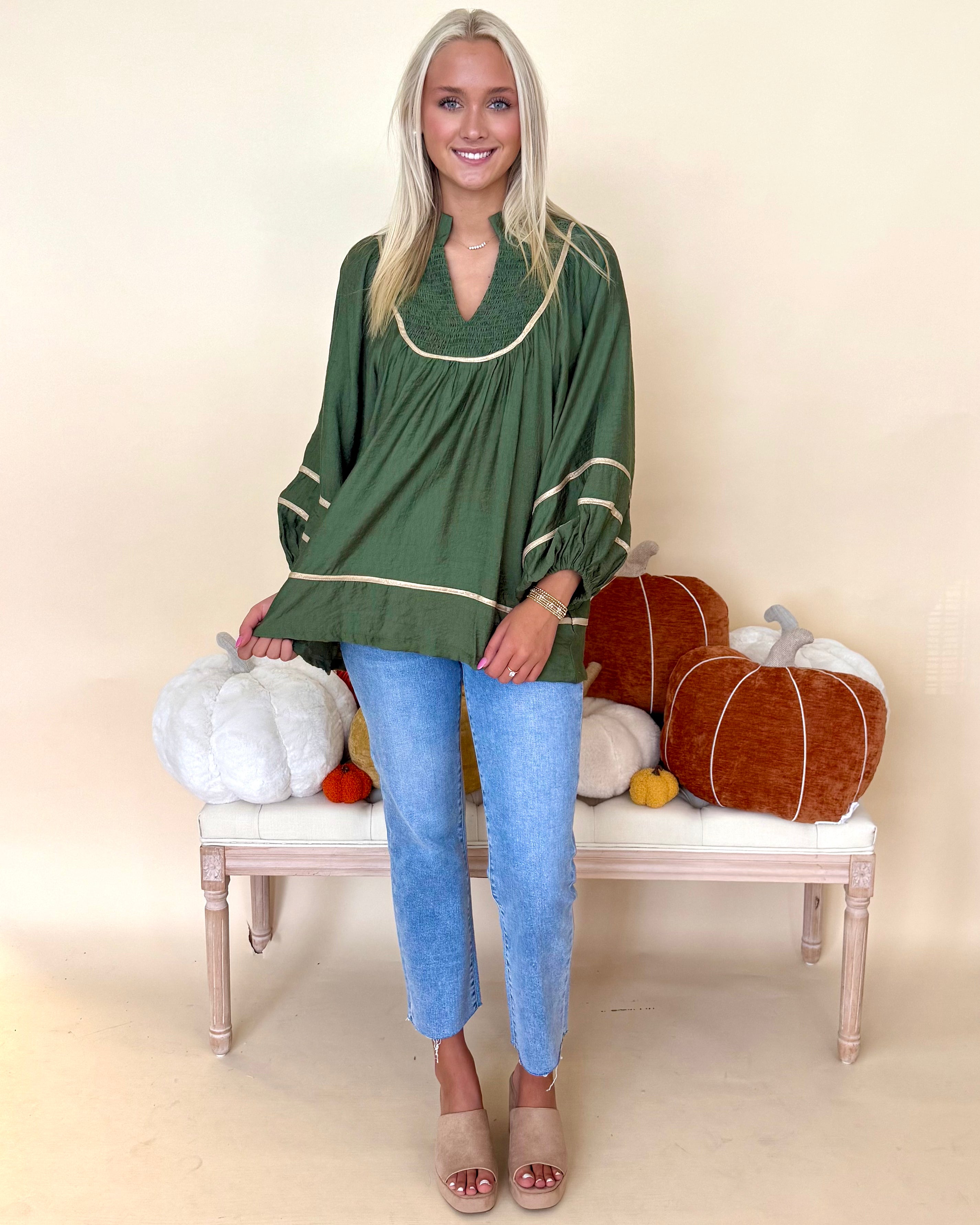 Moment Of Time Olive Smocked Piping Top-Shop-Womens-Boutique-Clothing