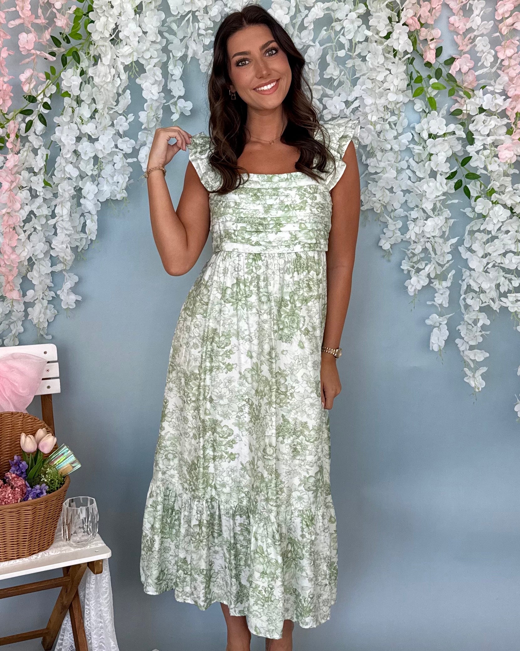 Park Picnic Green Pleated Floral Maxi Dress-Shop-Womens-Boutique-Clothing